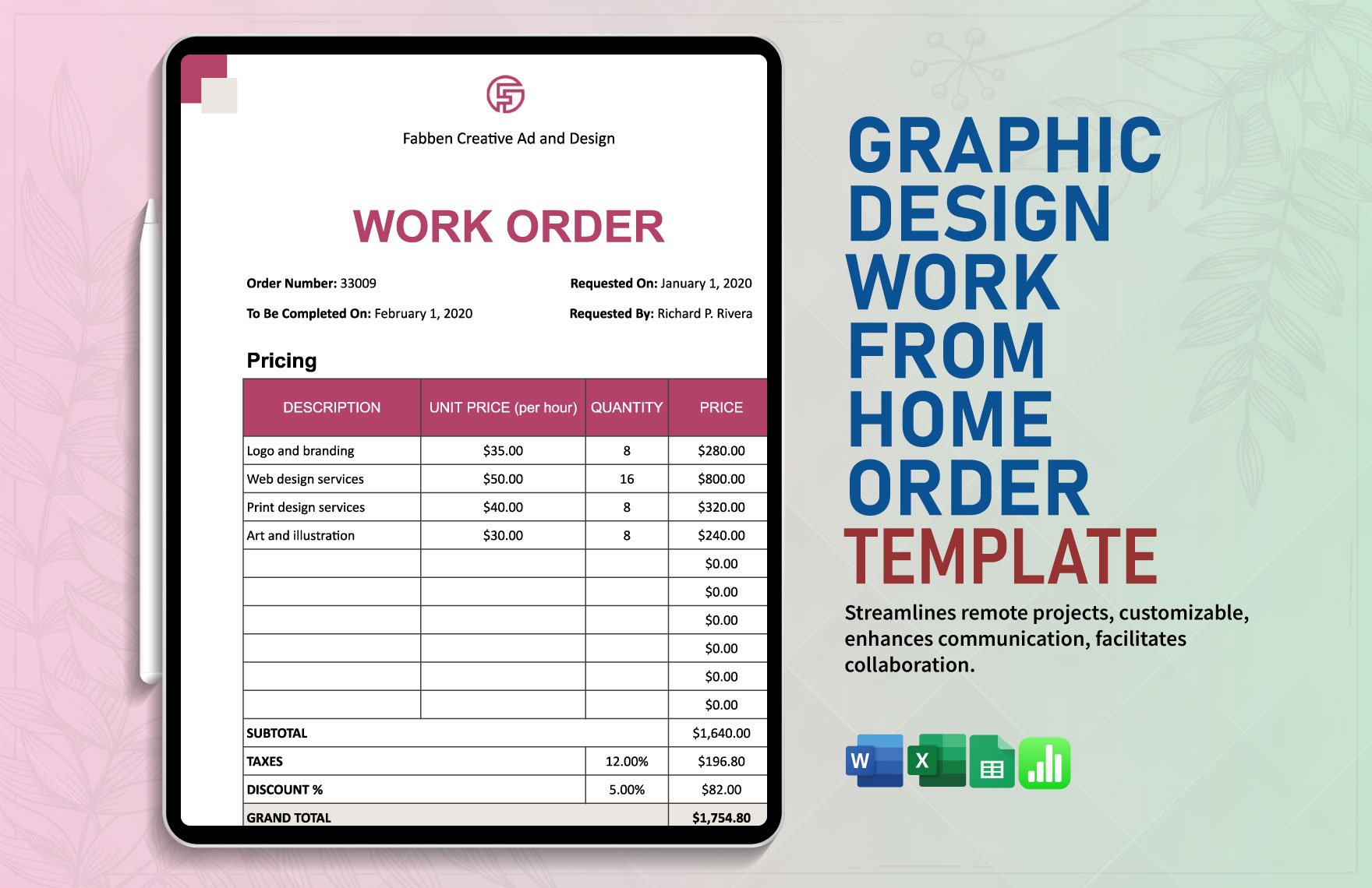 Graphic Design Work From Home Order Template in Word, Excel, Google Sheets, Apple Numbers