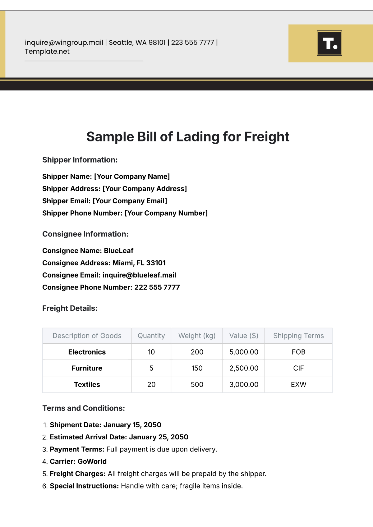 Free Sample Bill of Lading Template for Freight