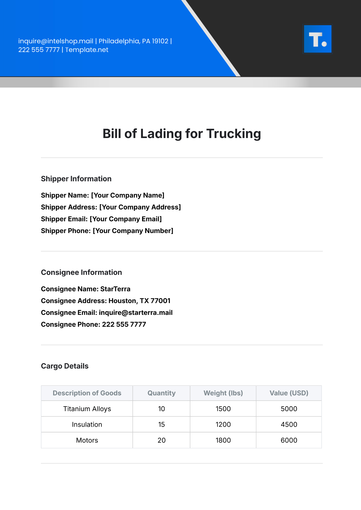 Free Professional Bill of Lading Template for Trucking