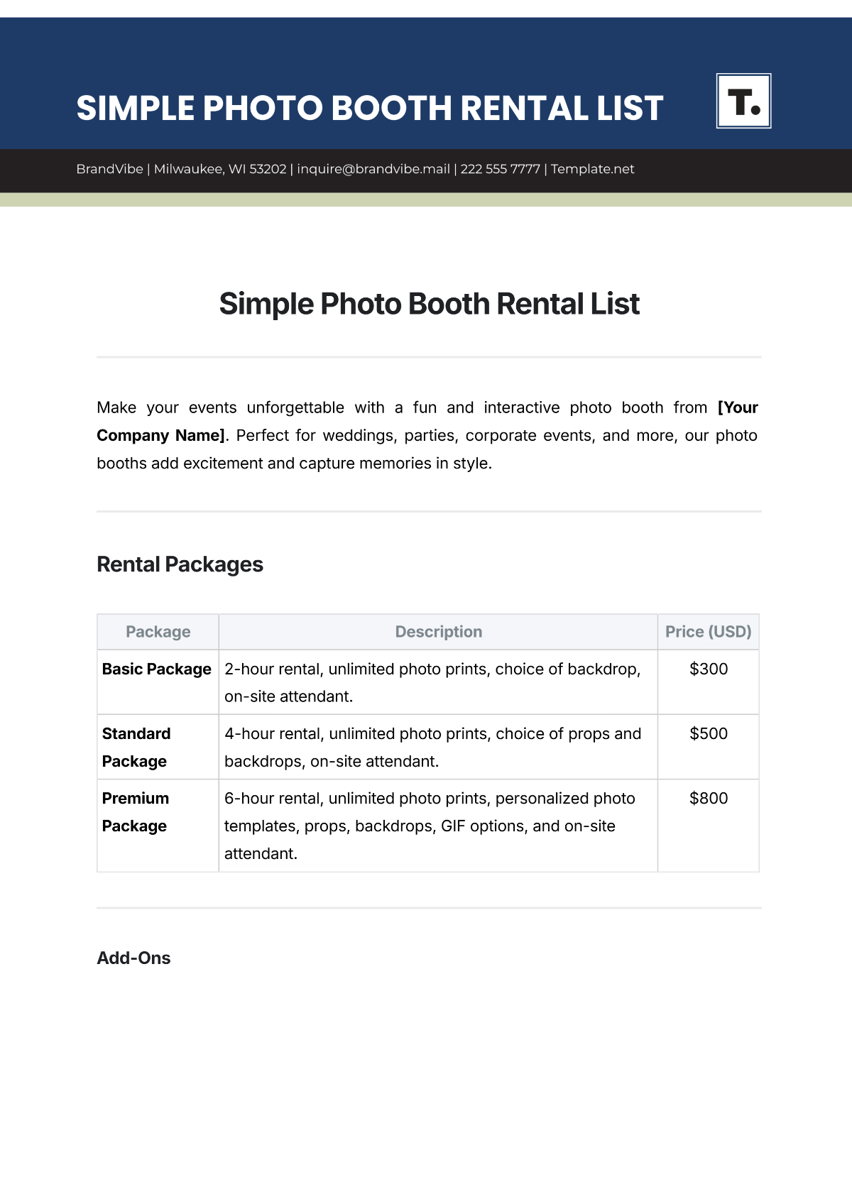 Free Simple Photo Booth Rental List Template