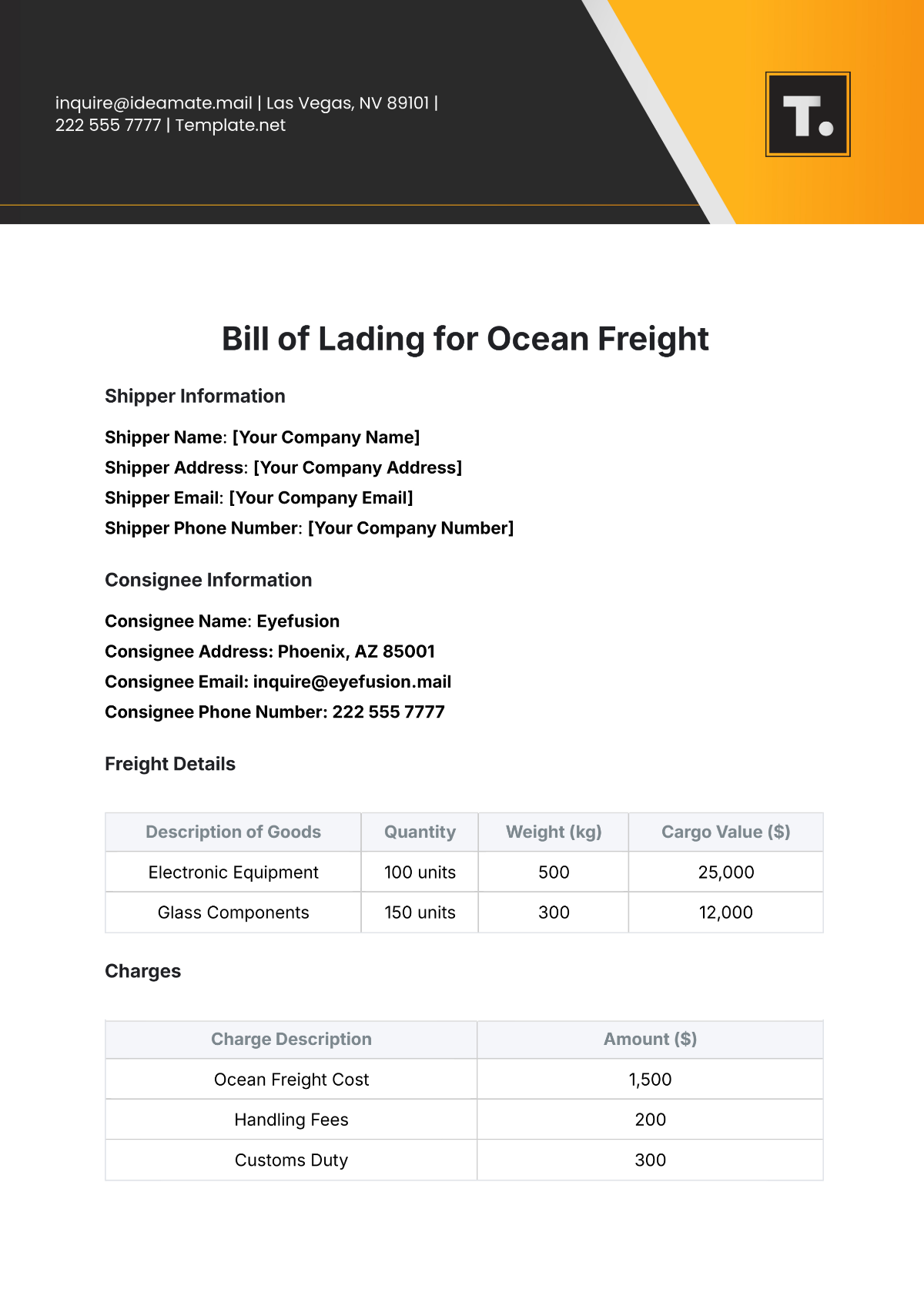 Free Bill of Lading Template for Ocean Freight