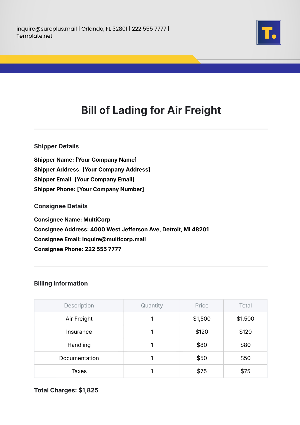 Free Bill of Lading Template for Air Freight