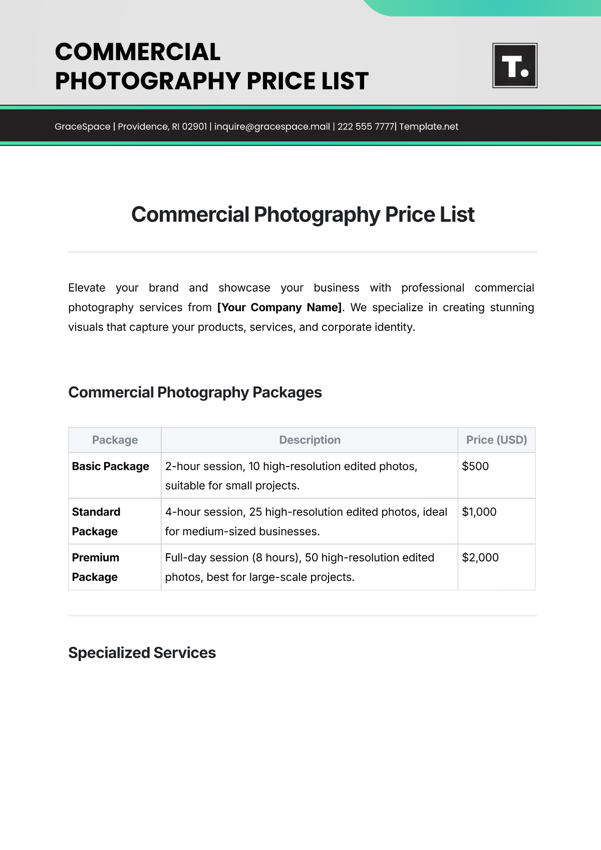 Free Commercial Photography Price List Template