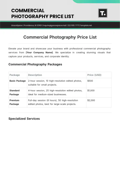 Free Commercial Photography Price List Template to Edit Online