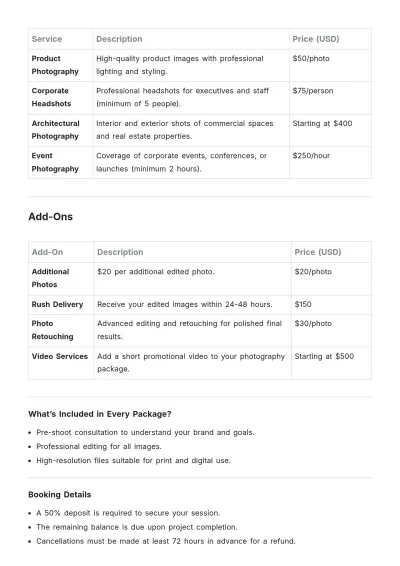 Free Commercial Photography Price List Template to Edit Online
