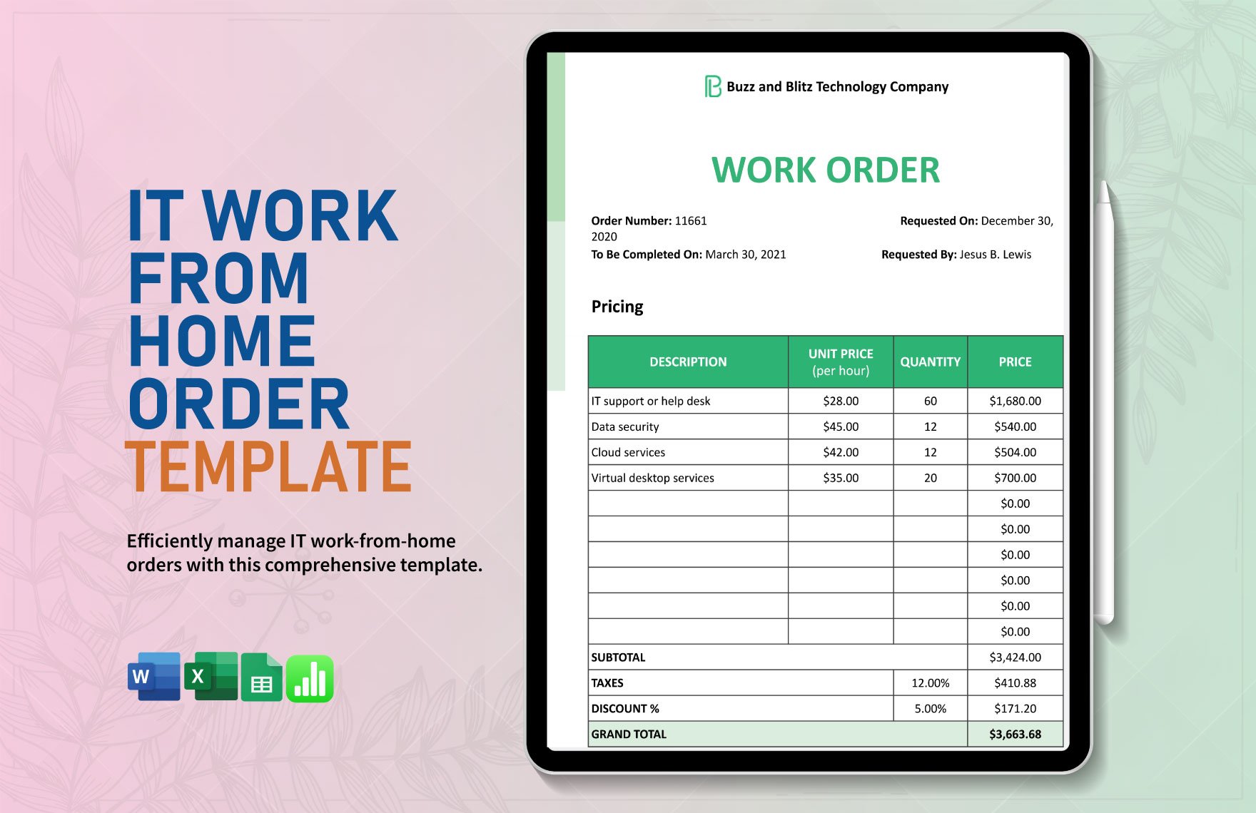 IT Work From Home Order Template in Word, Excel, Google Sheets, Apple Numbers