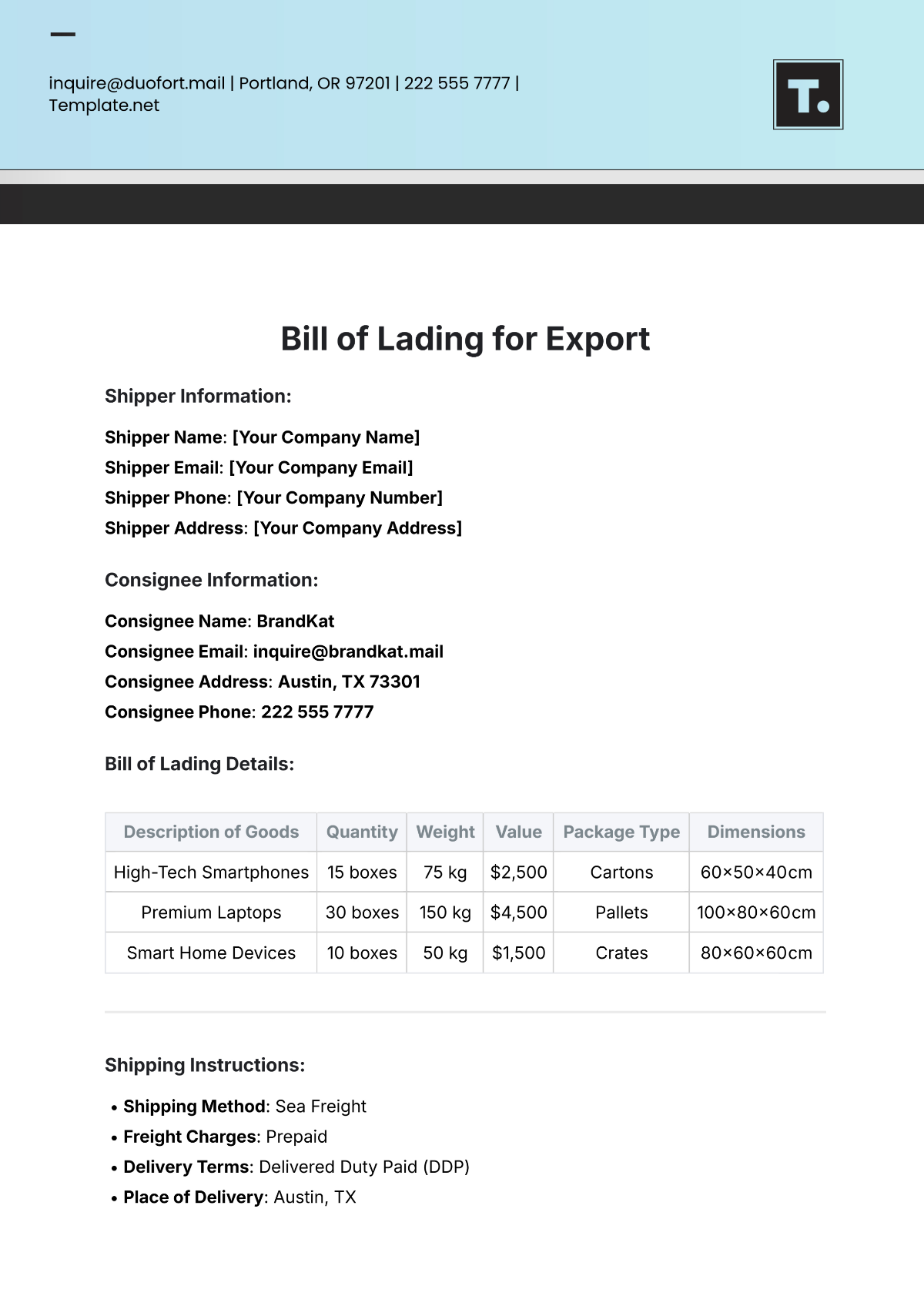 Free Bill of Lading Template for Export