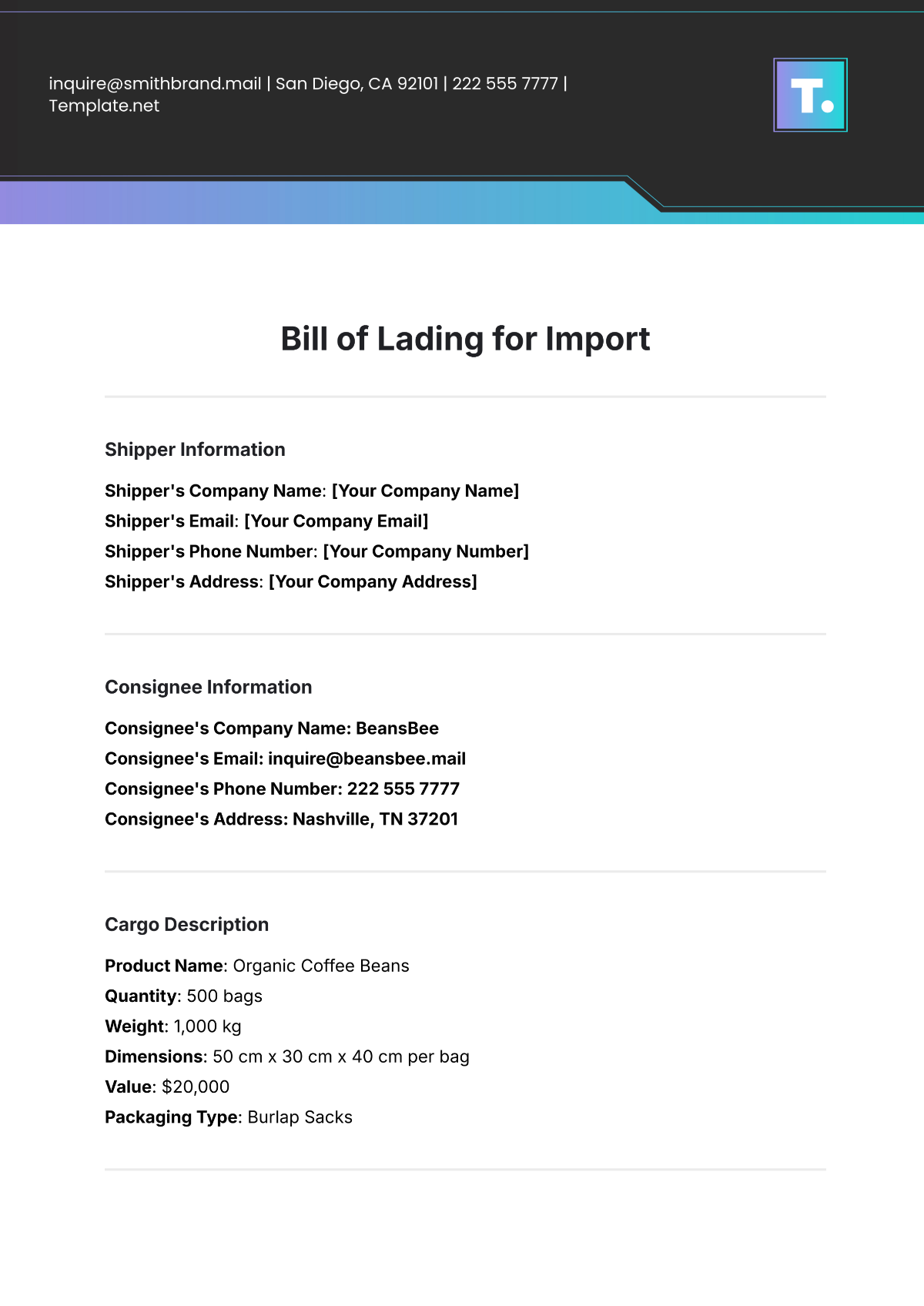 Free Bill of Lading Template for Import