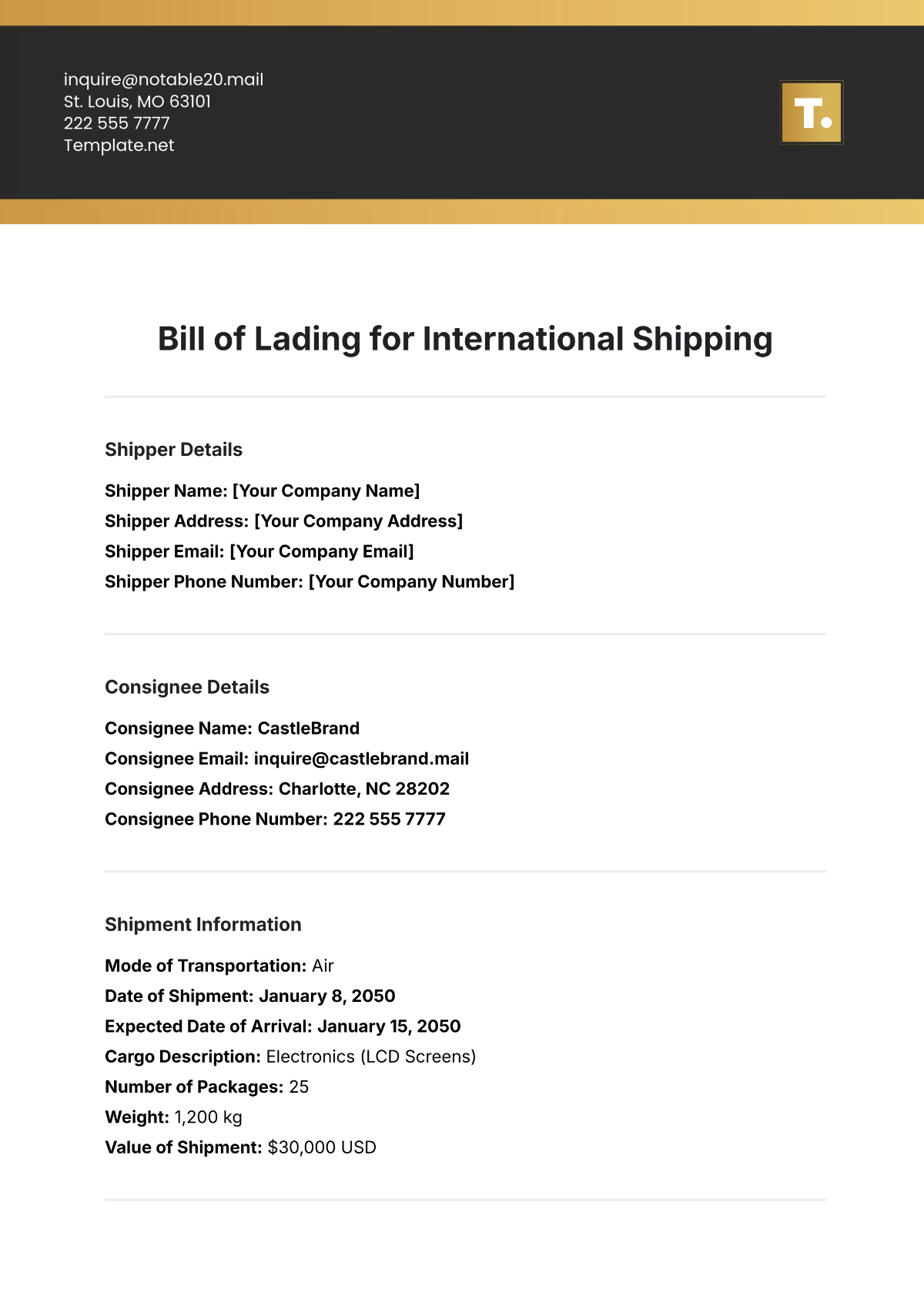 Free Bill of Lading Template for International Shipping