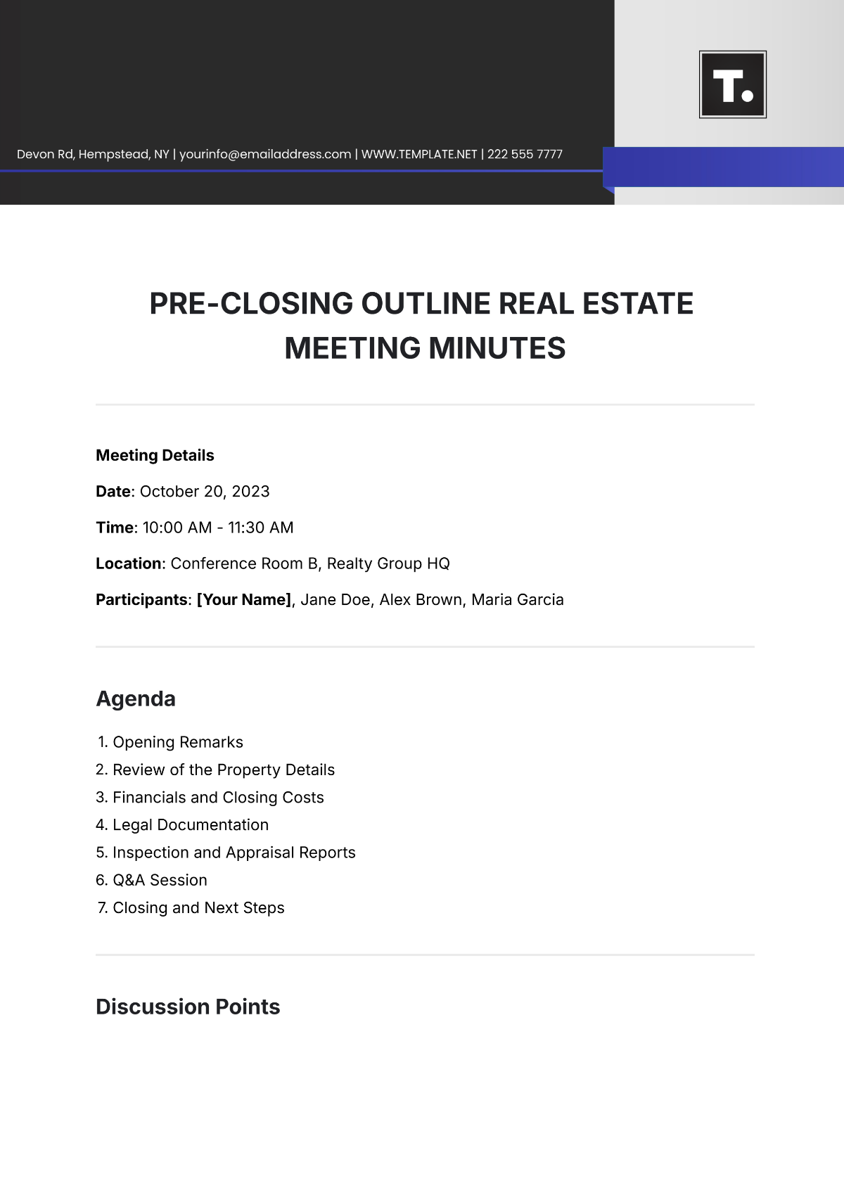 Free Pre-Closing Outline Real Estate Meeting Minute Template