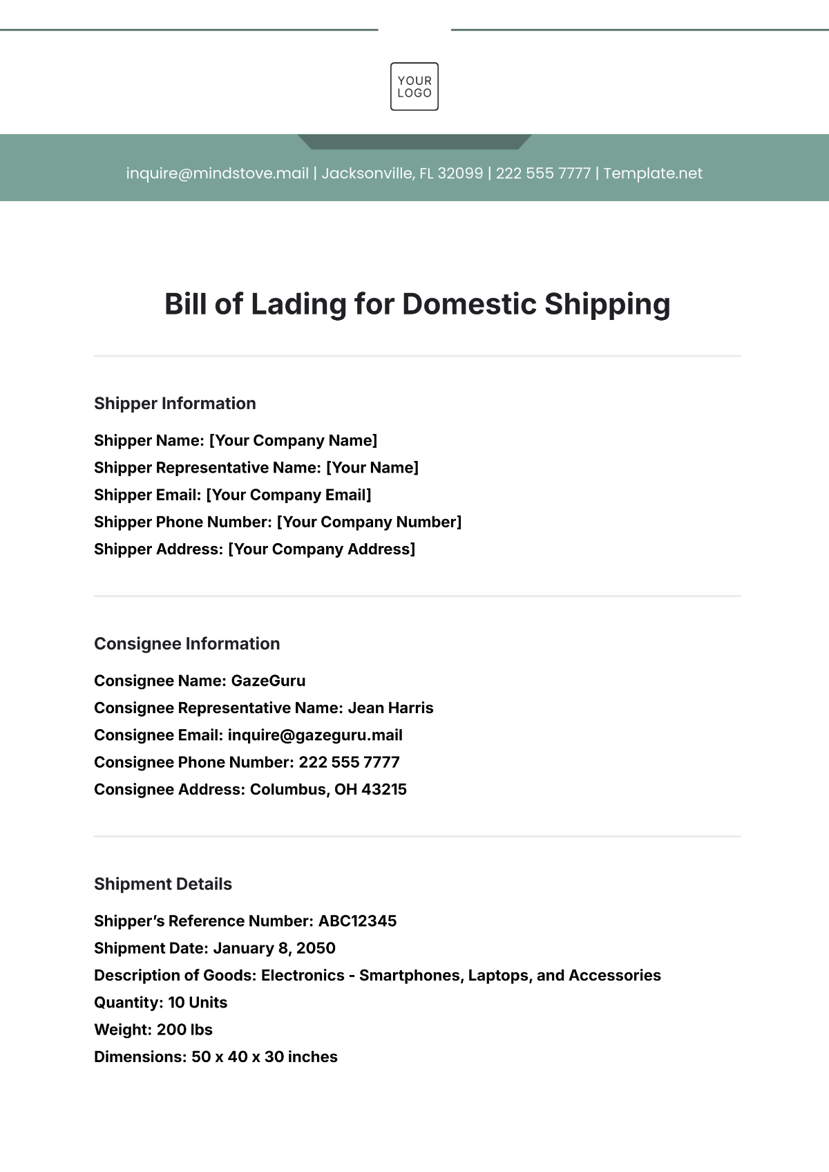 Free Bill of Lading Template for Domestic Shipping