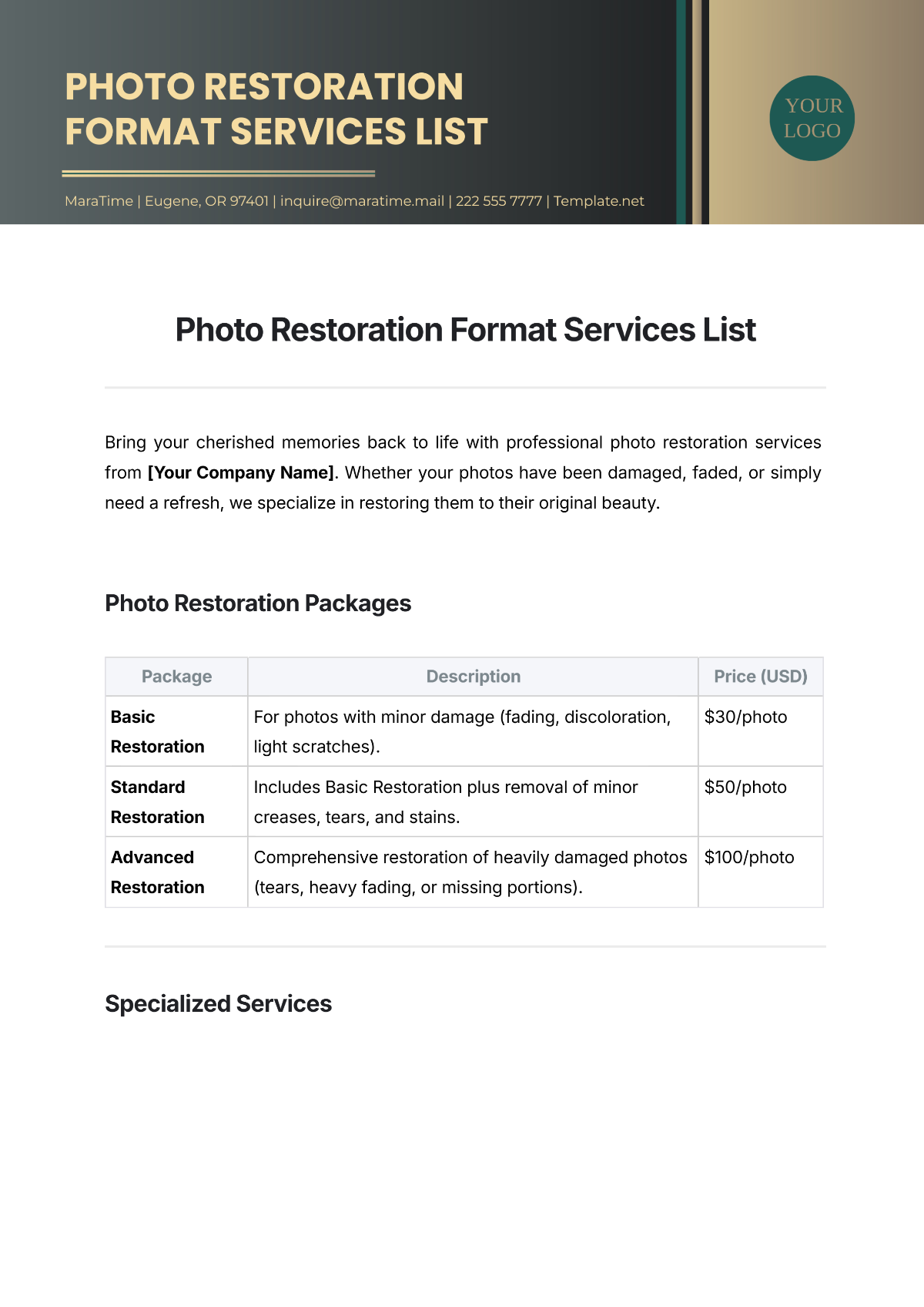 Free Photo Restoration Format Services List Template