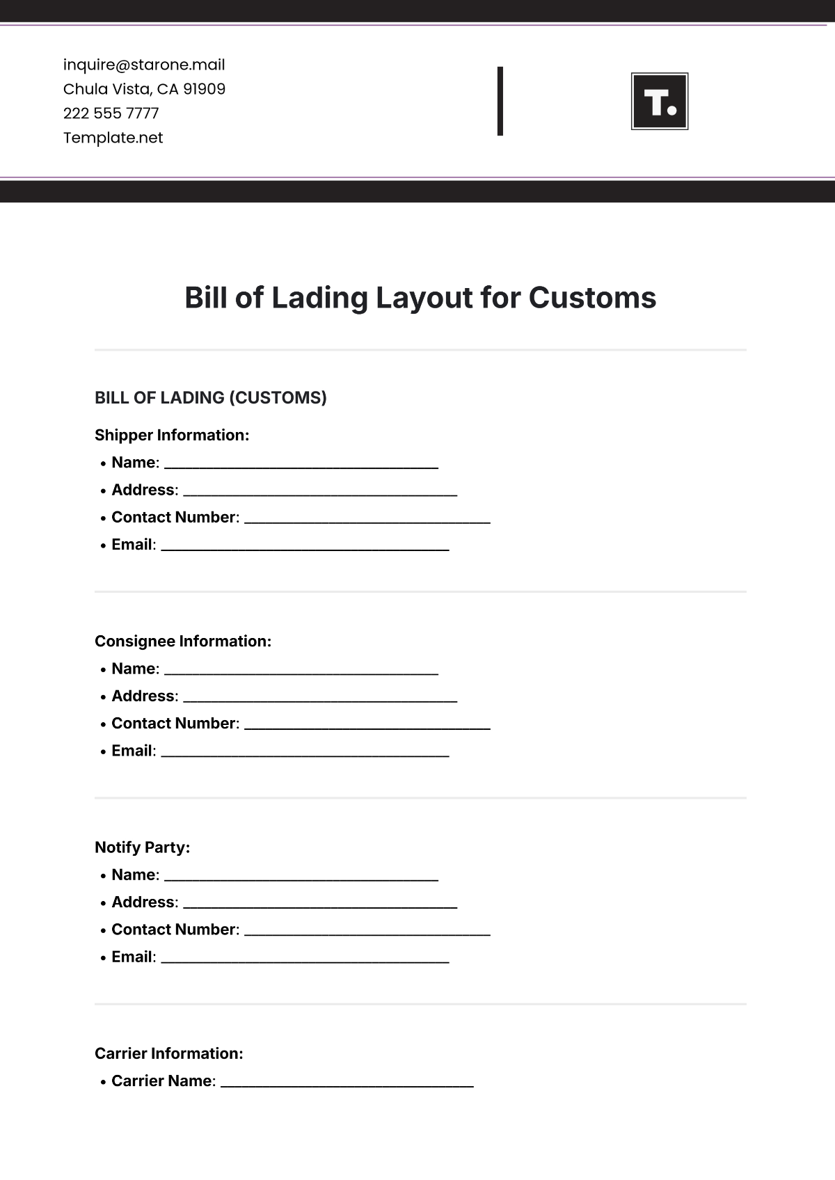 Free Bill of Lading Layout Template for Customs