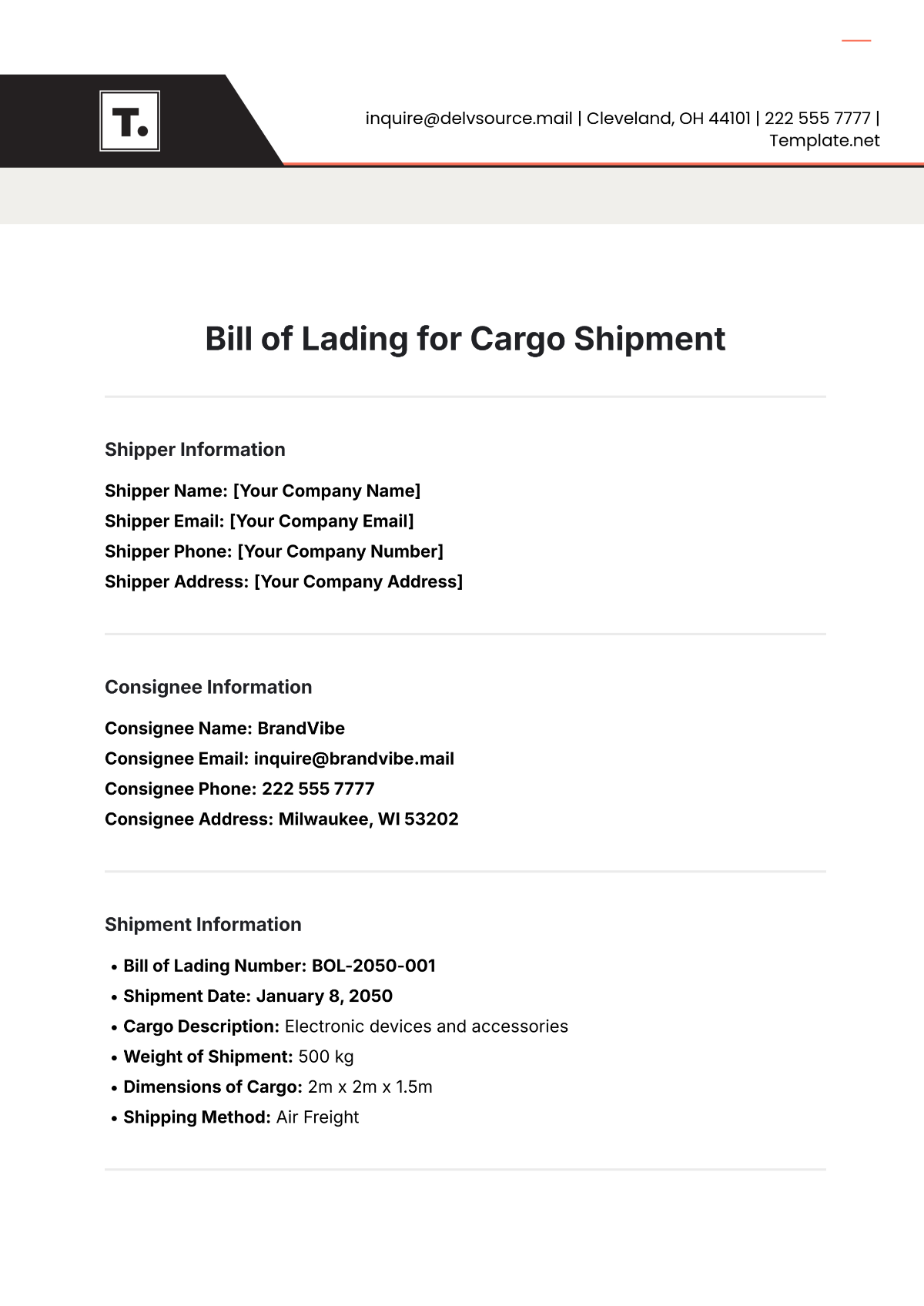 Free Bill of Lading Template for Cargo