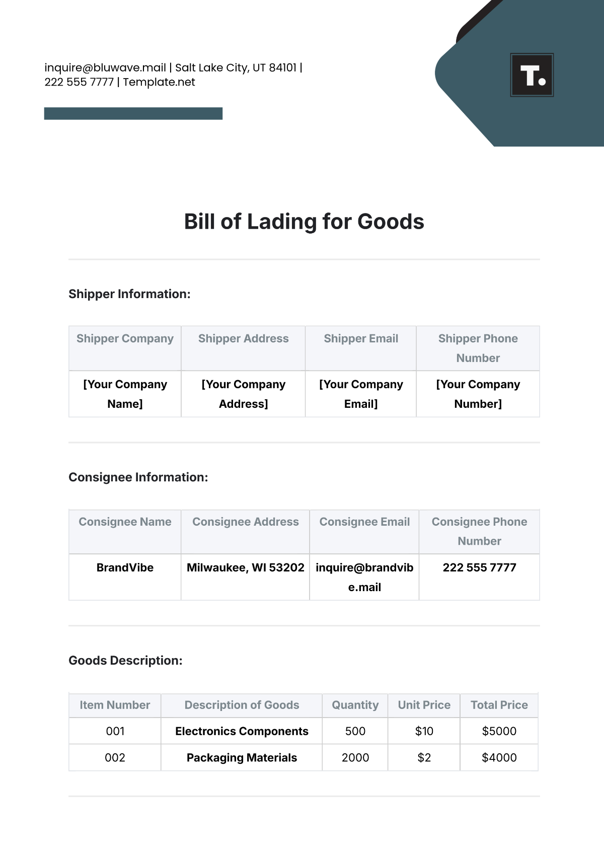 Free Bill of Lading Template for Goods