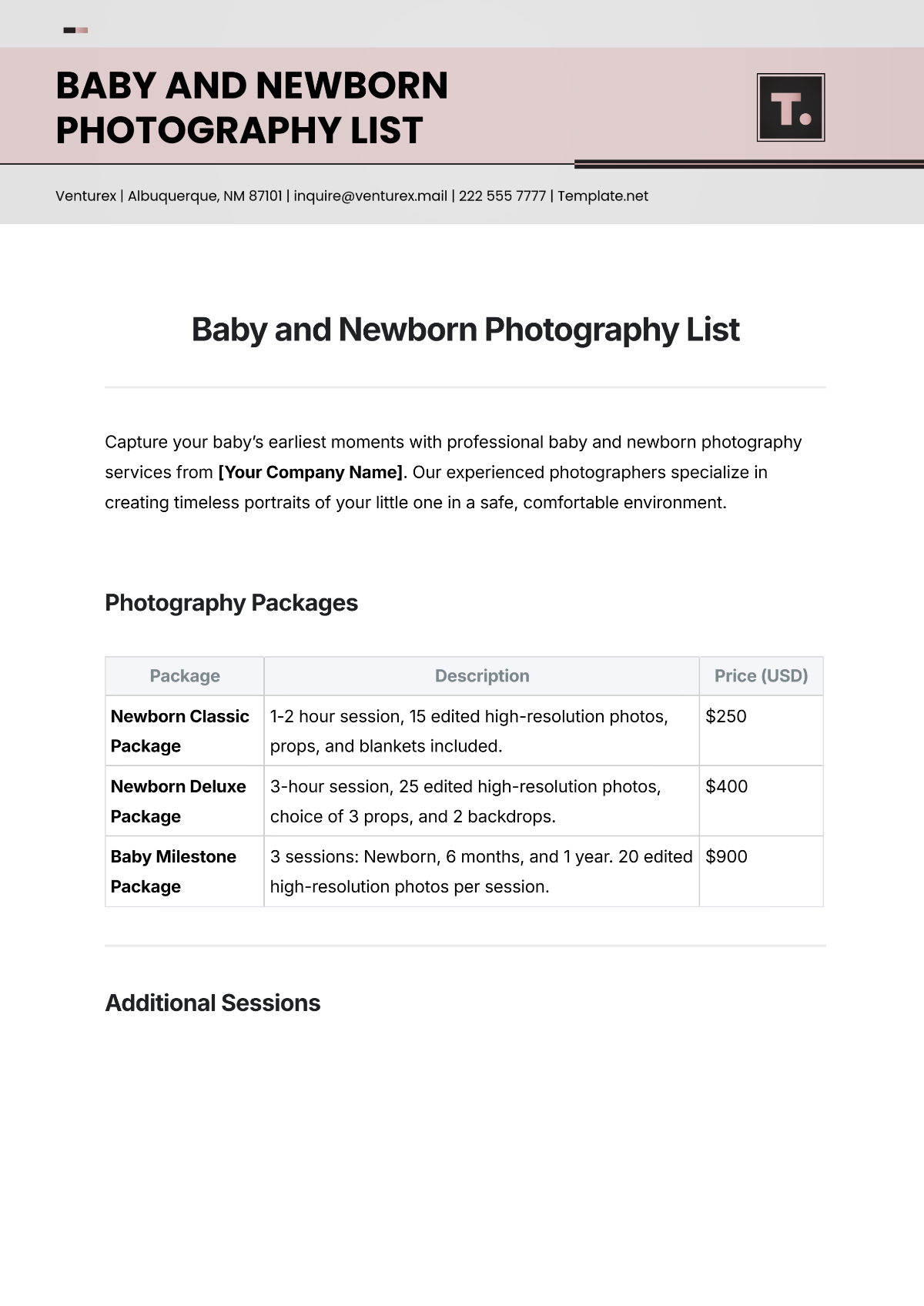 Free Baby and Newborn Photography List Template