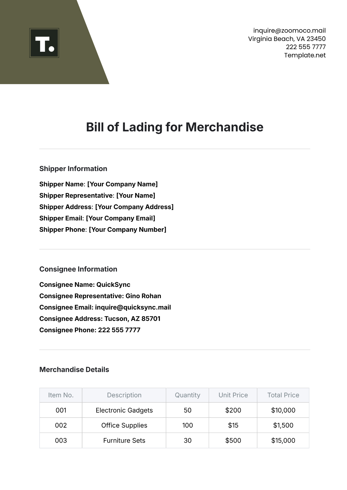 Free Bill of Lading Template for Merchandise