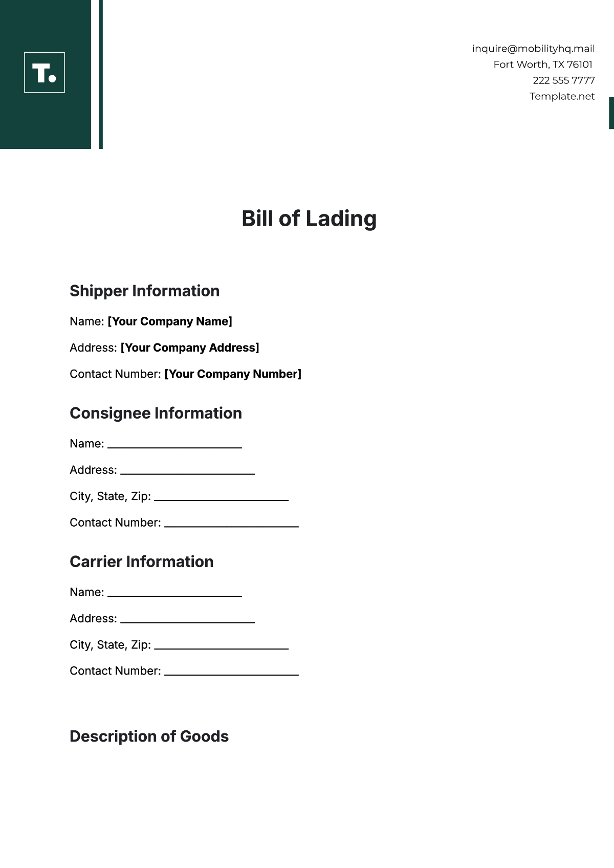 Blank Bill of Lading Template