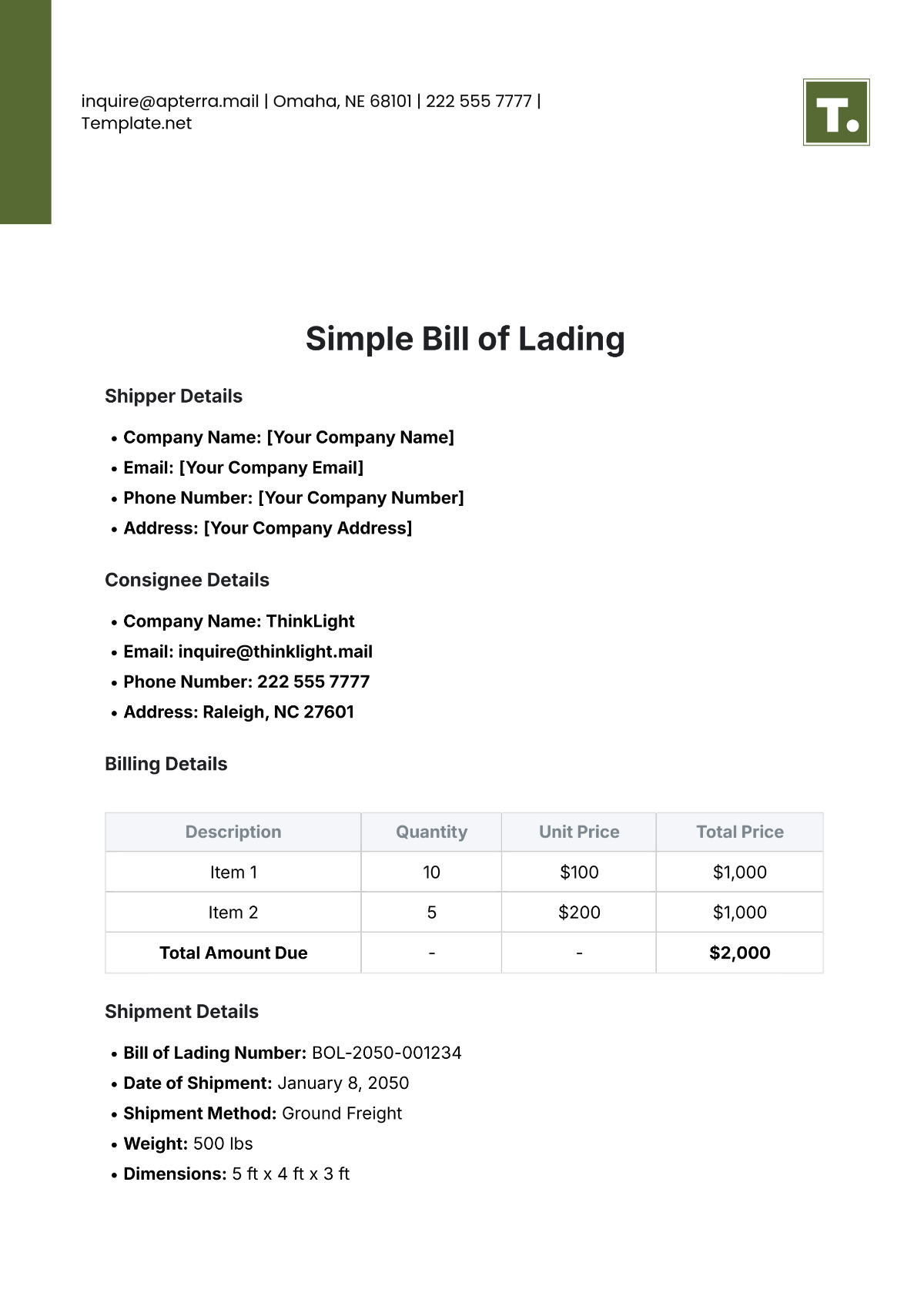 Free Simple Bill of Lading Template