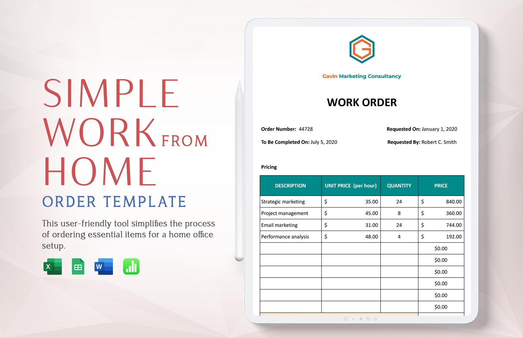 Simple Work From Home Order Template in Word, Excel, Google Sheets, Apple Numbers