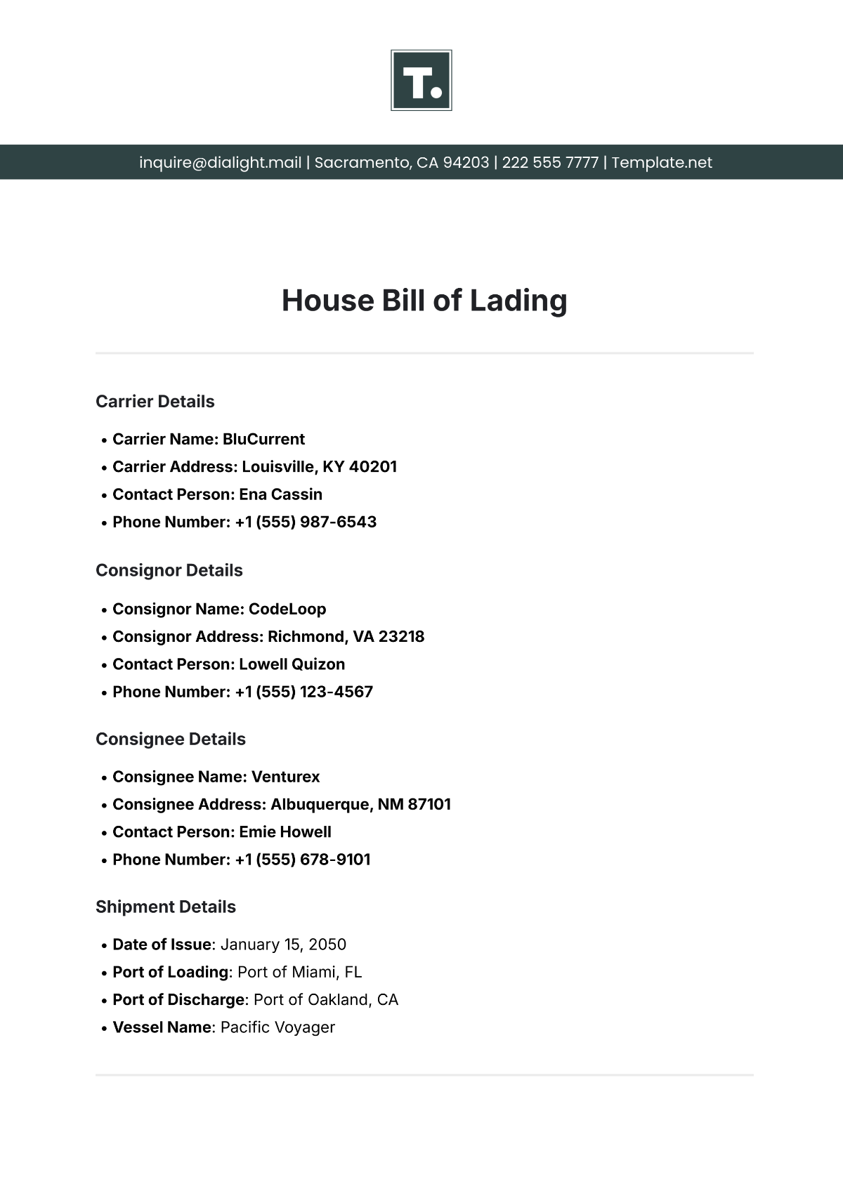 Free House Bill of Lading Template