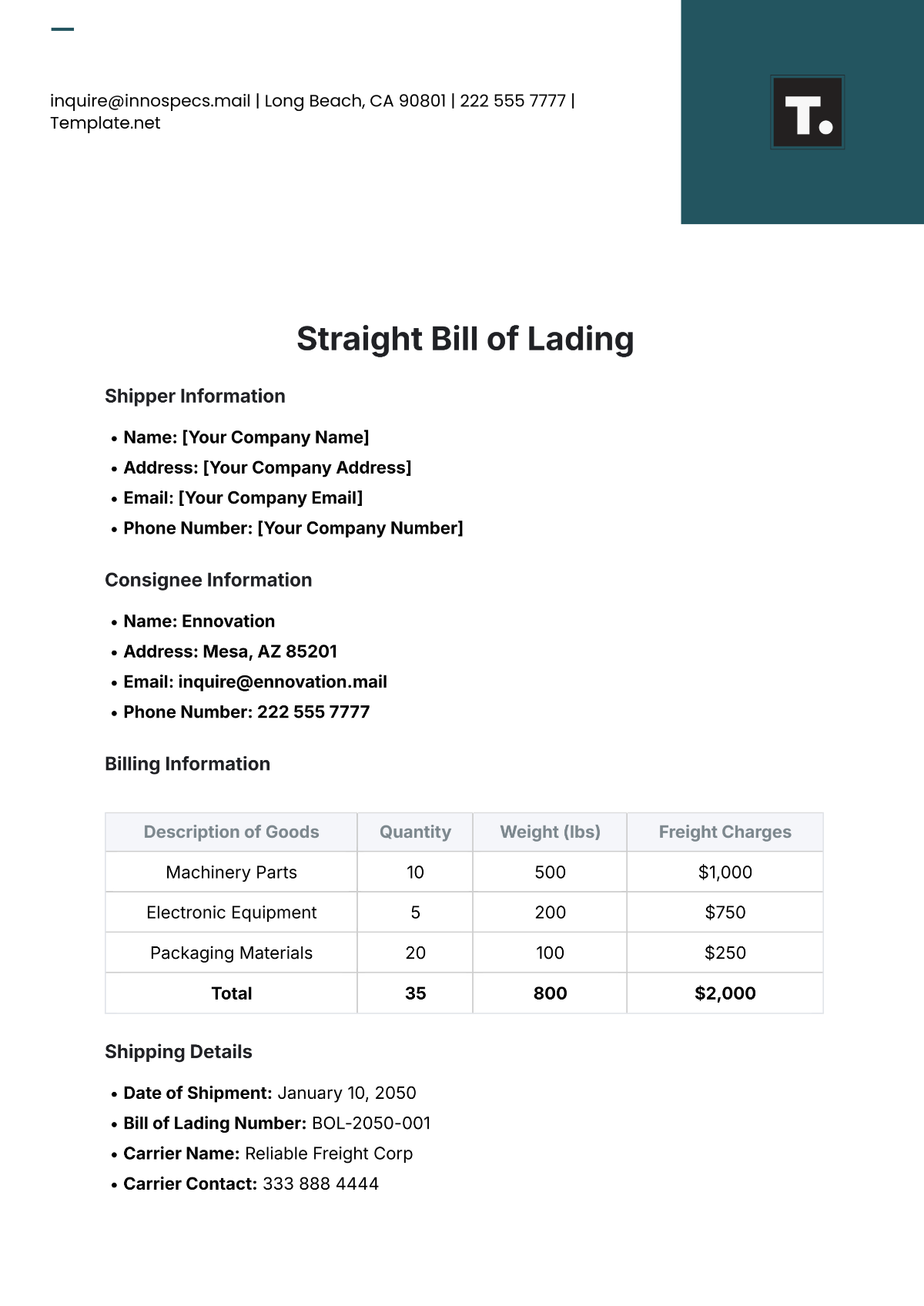 Free Straight Bill of Lading Template