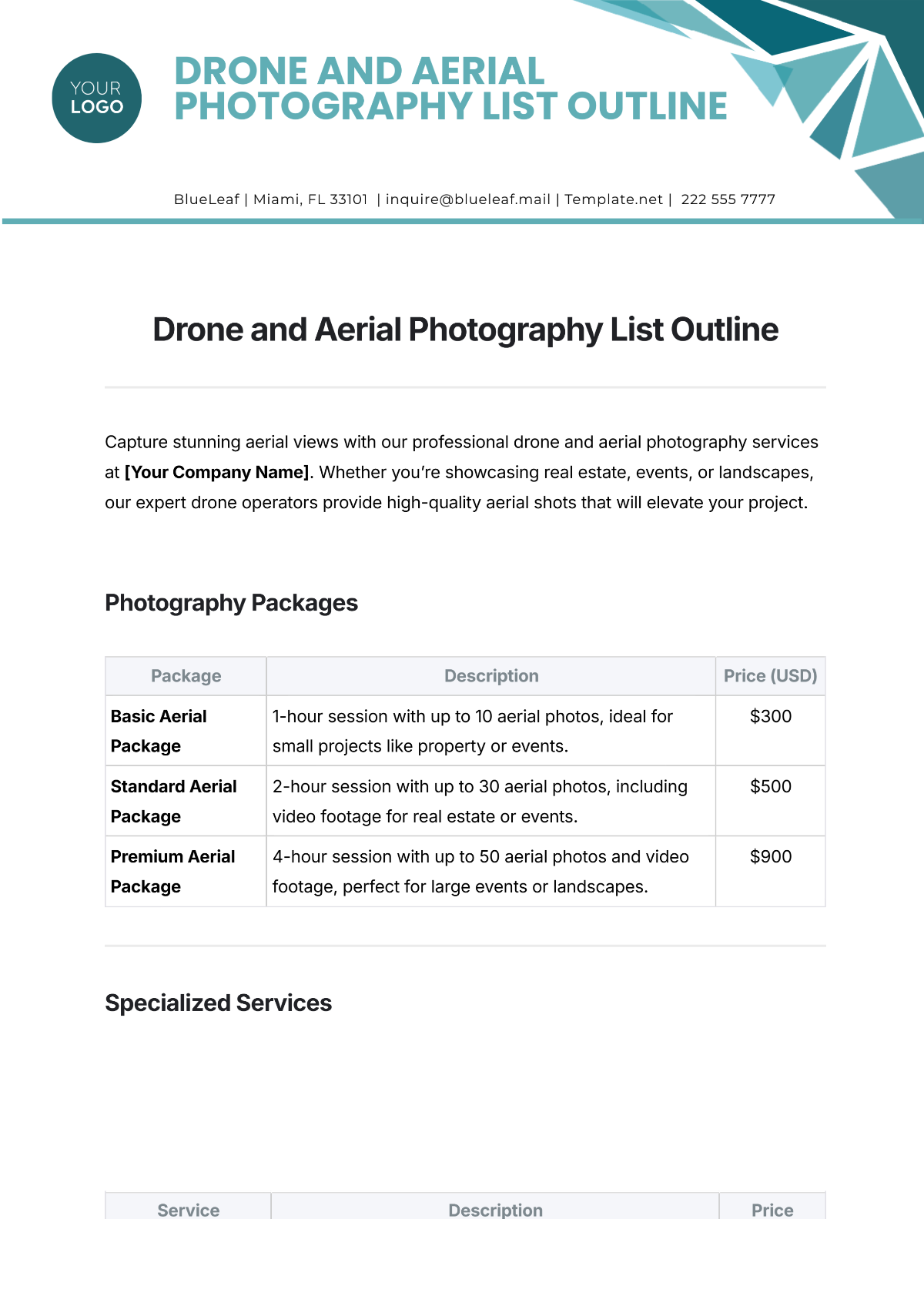 Free Drone and Aerial Photography List Outline Template