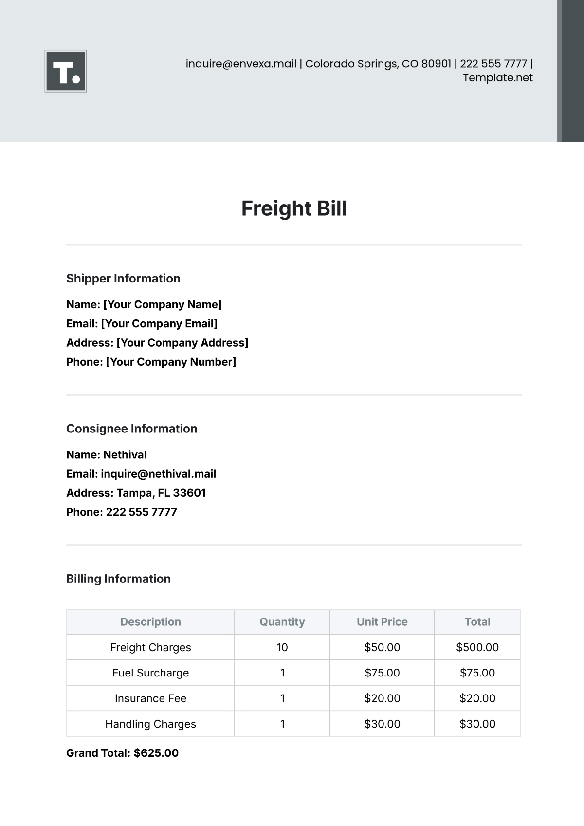 Free Freight Bill Template