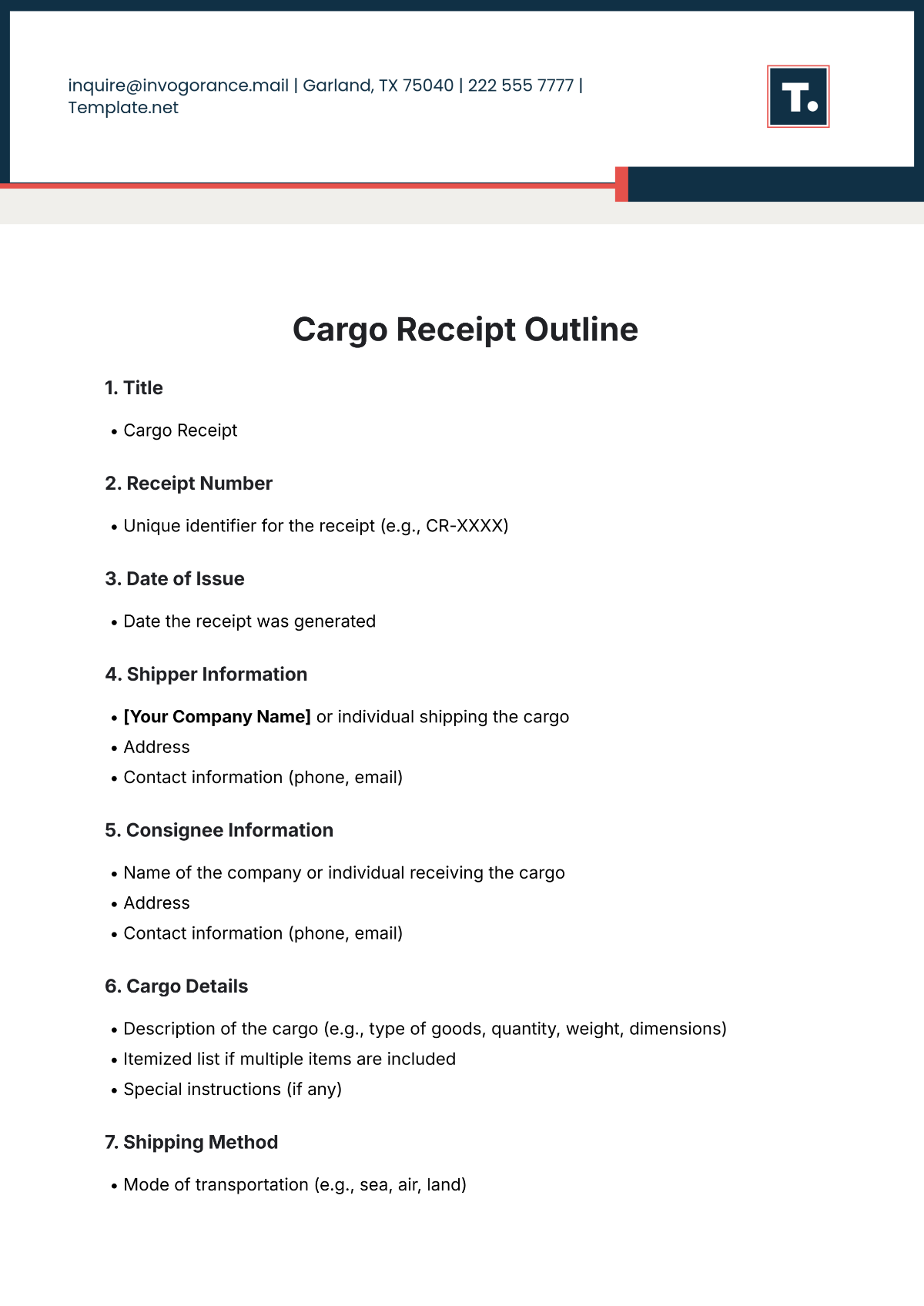 Free Cargo Receipt Outline Template