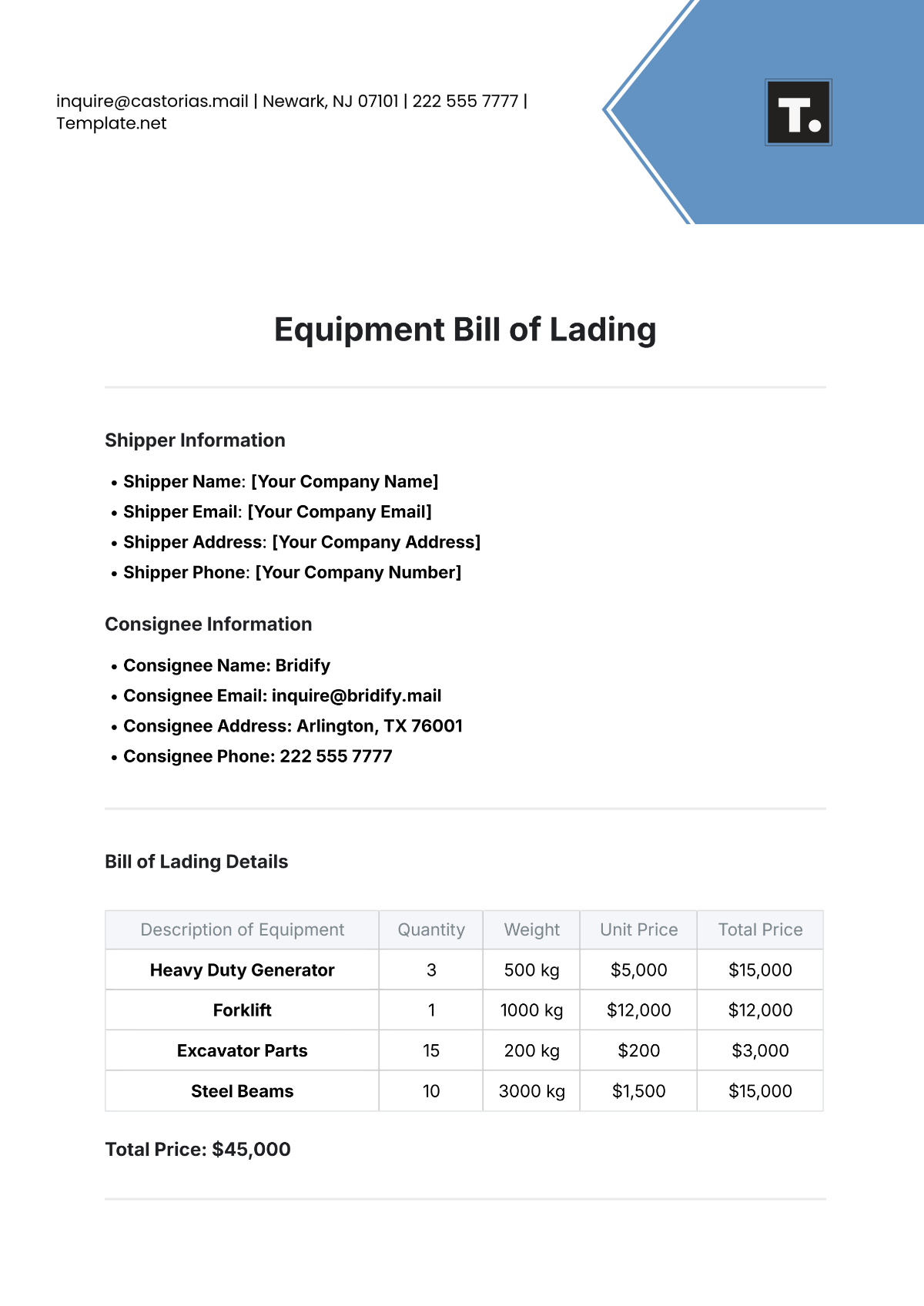 Free Equipment Bill of Lading Template