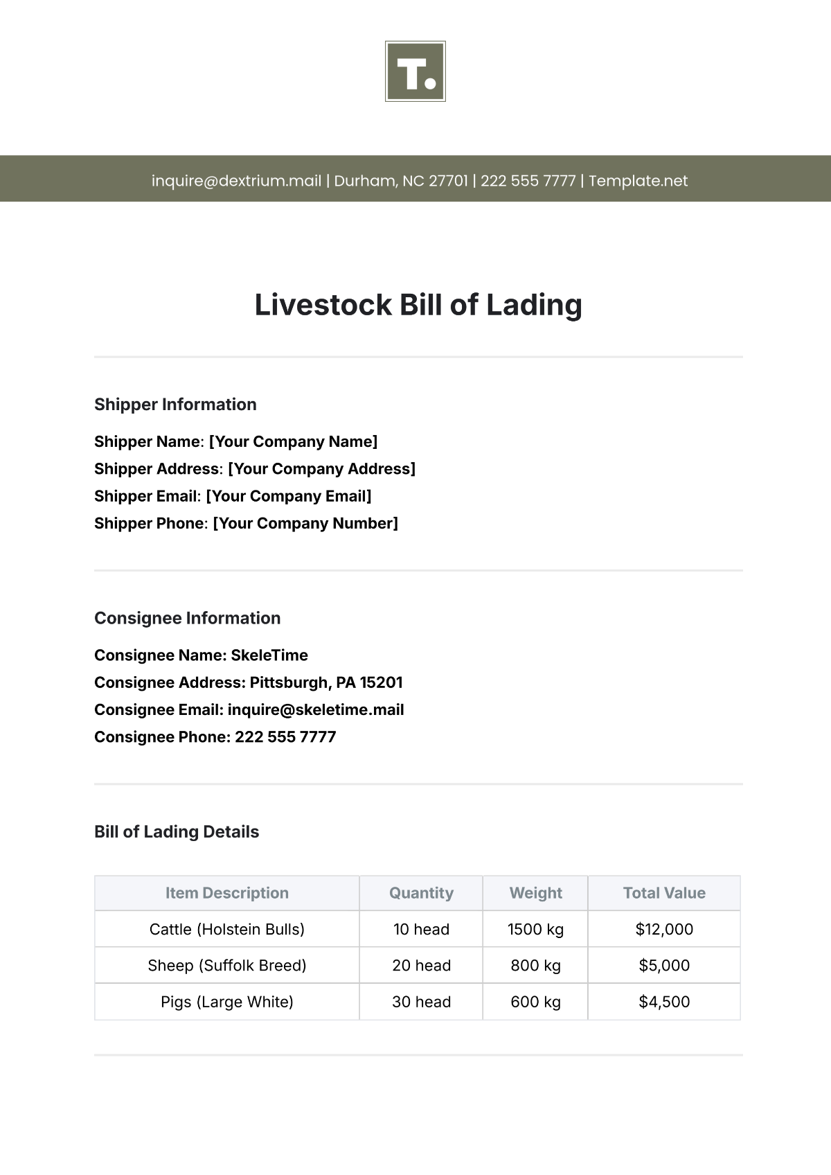 Free Livestock Bill of Lading Template