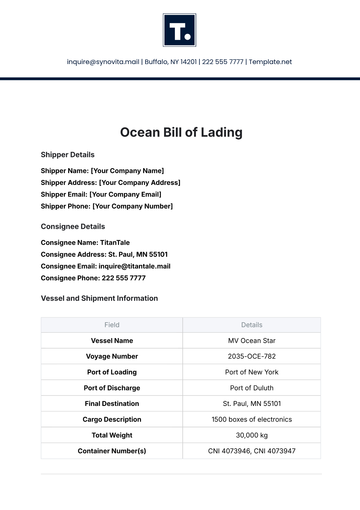 Free Ocean Bill of Lading Template