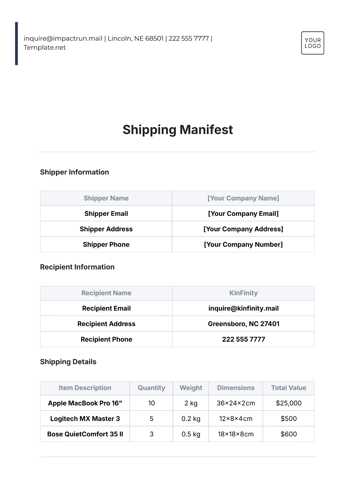 Free Shipping Manifest Template