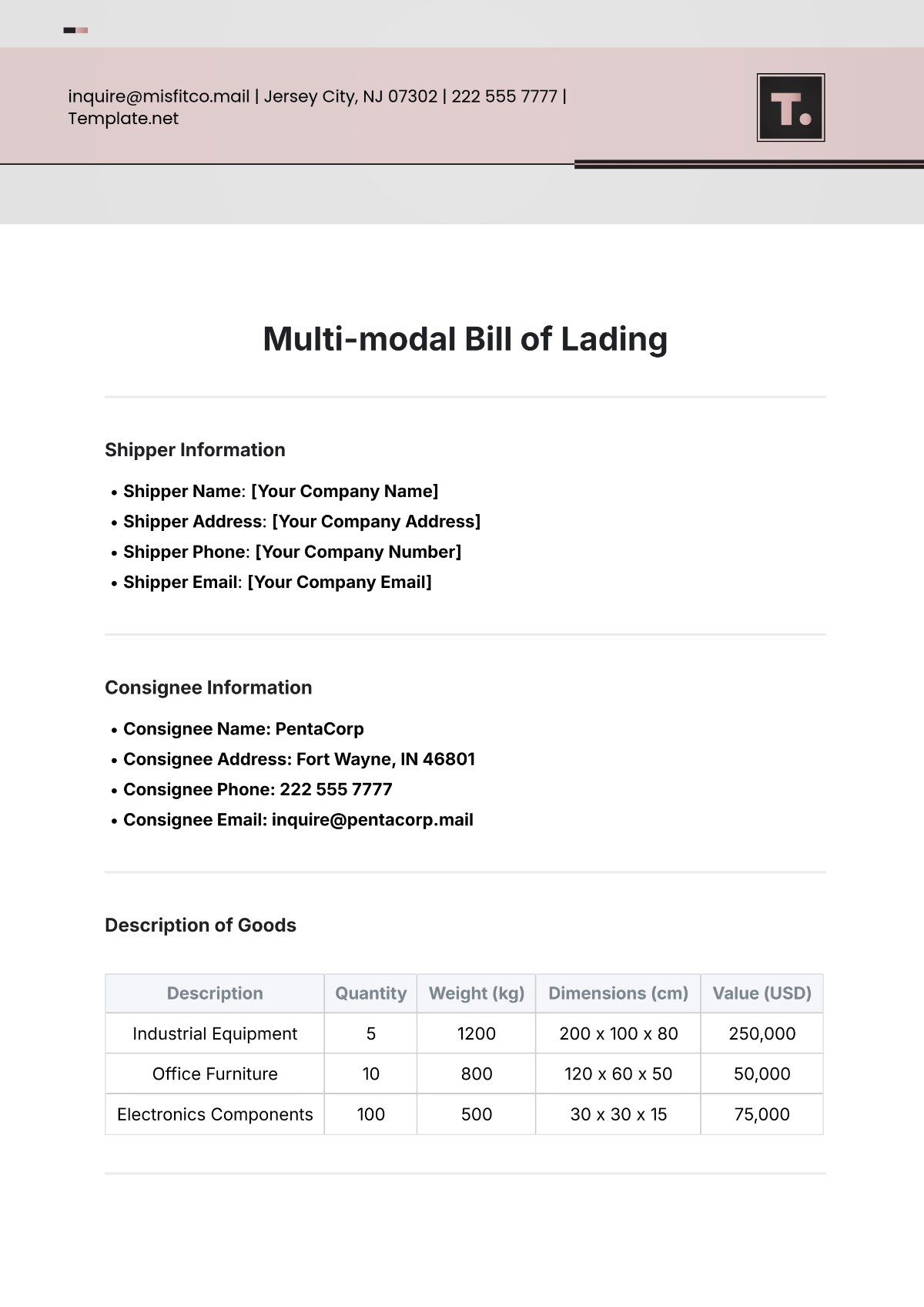 Free Multi-modal Bill of Lading Template