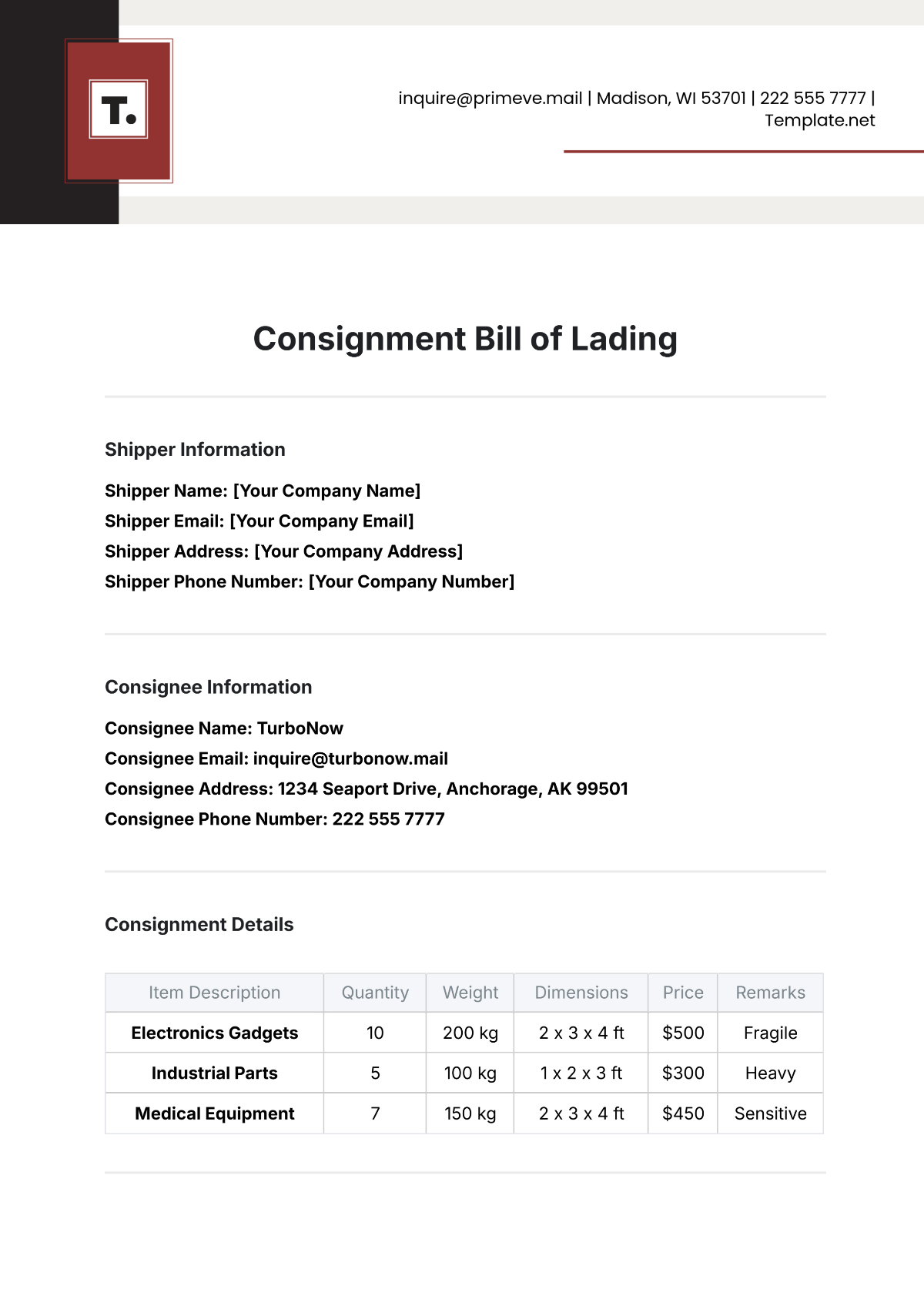 Free Consignment Bill of Lading Template