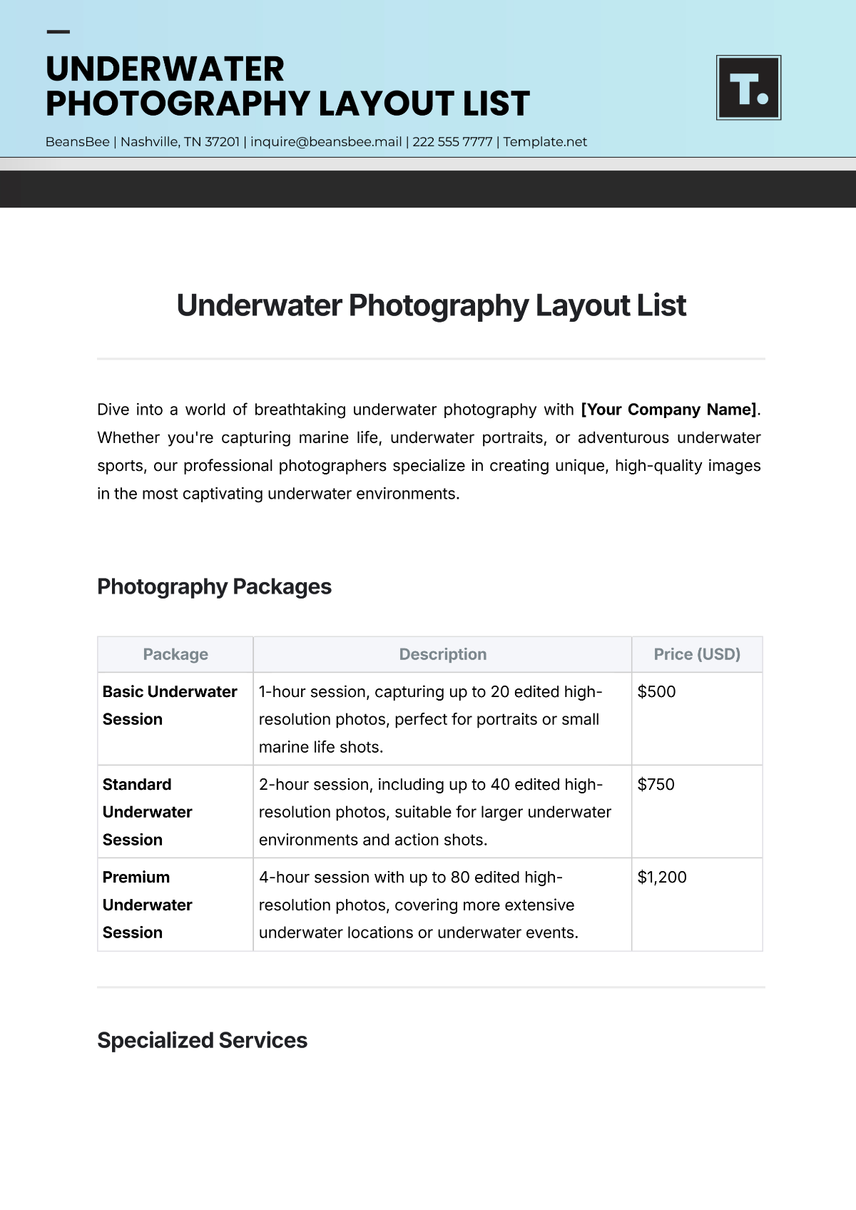 Free Underwater Photography Layout List Template