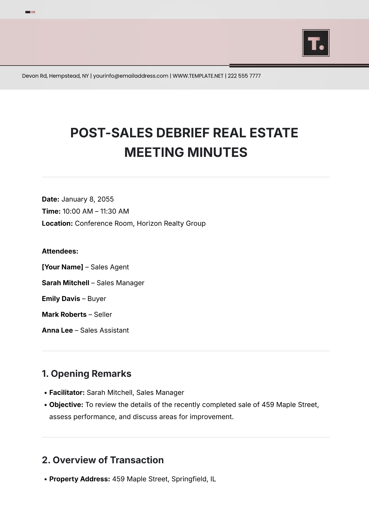 Free Post-Sale Debrief Real Estate Meeting Minute Template