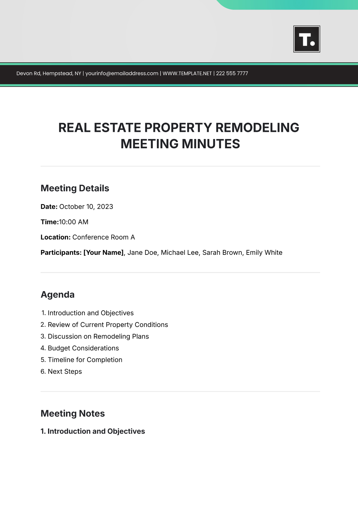 Free Real Estate Property Remodeling Meeting Minute Template