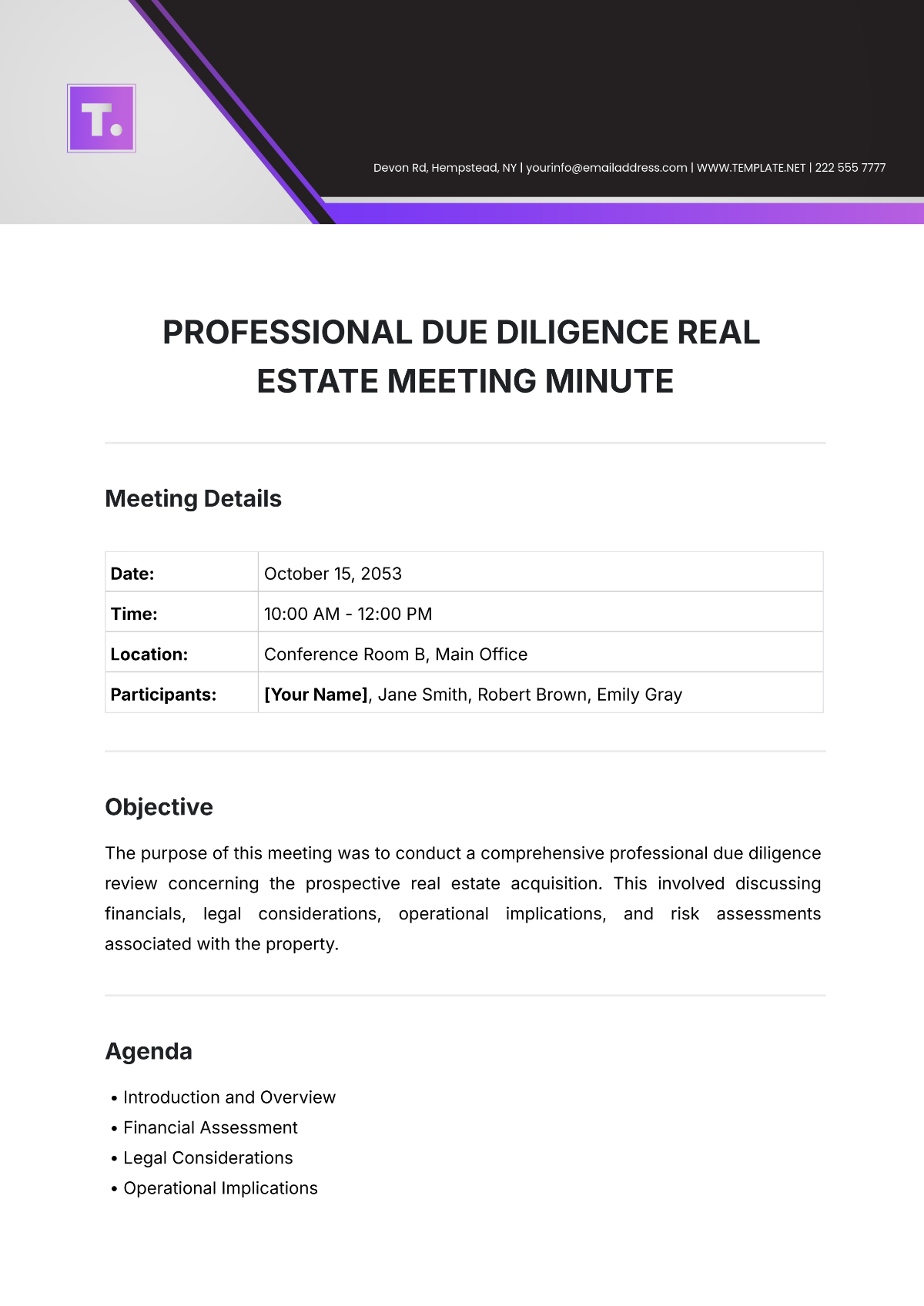 Free Professional Due Diligence Real Estate Meeting Minute Template