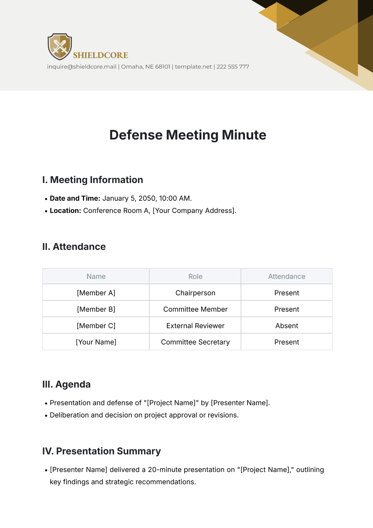 Free Defense Meeting Minute Template