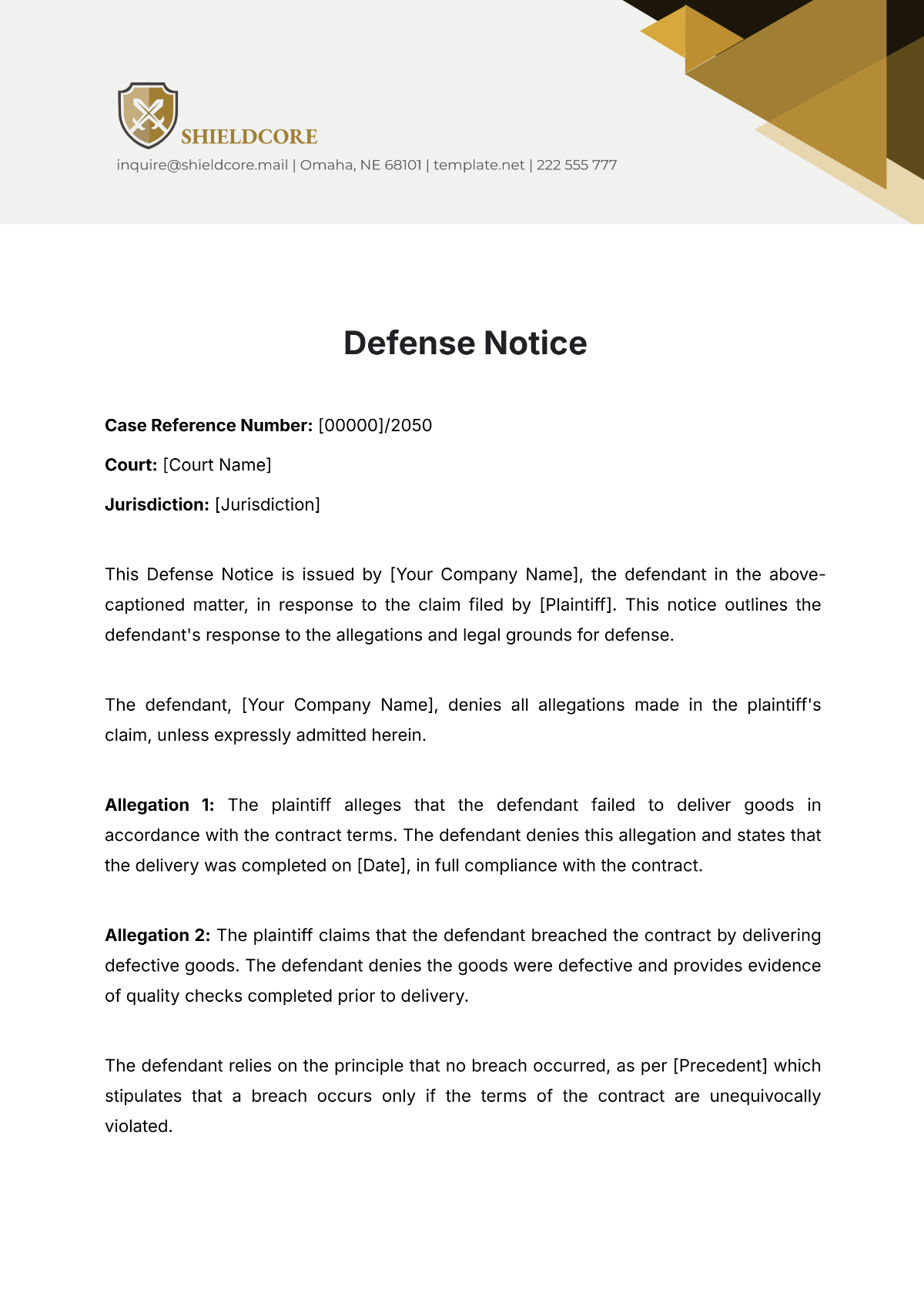 Free Defense Notice Template