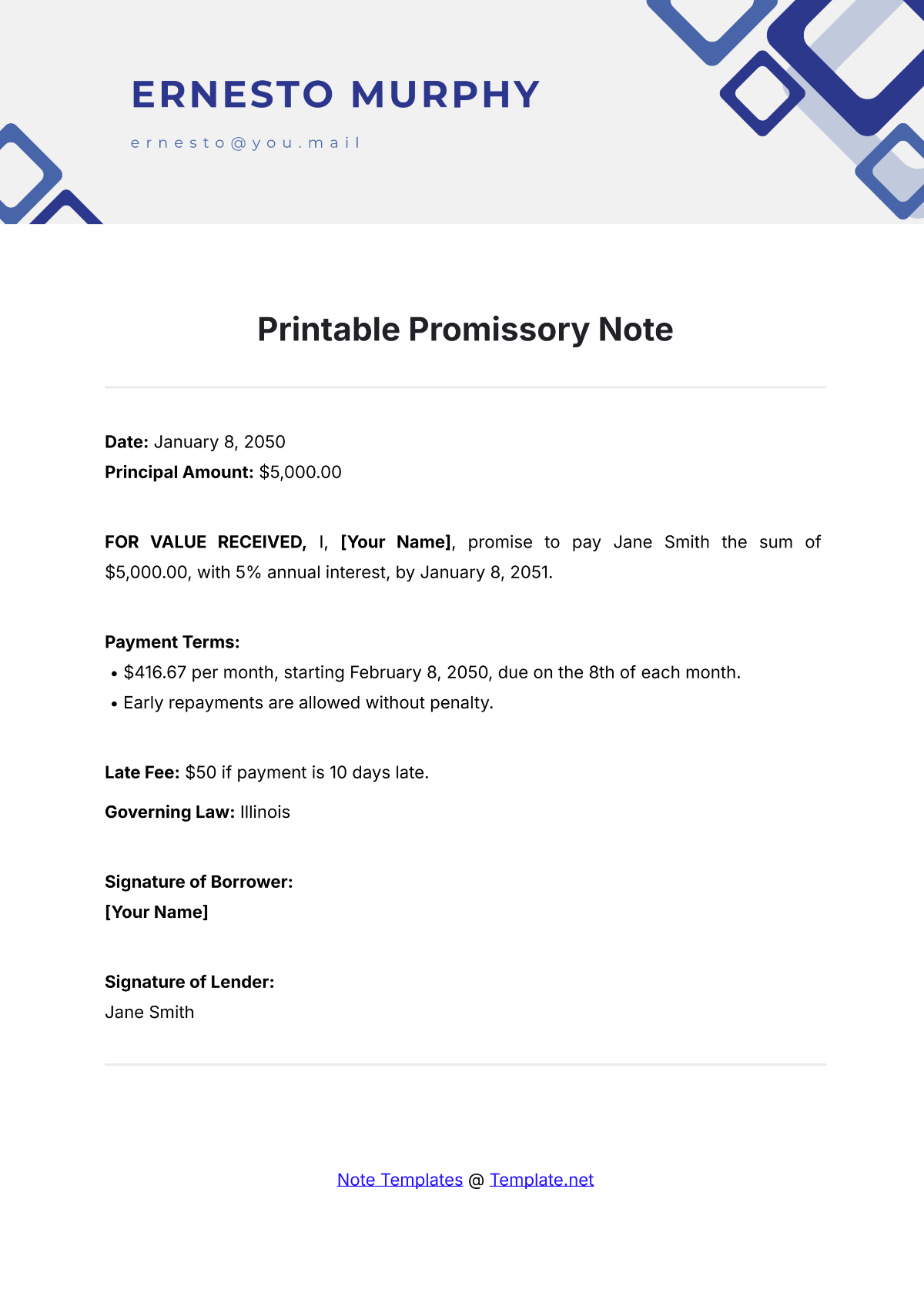 Free Printable Promissory Note Template