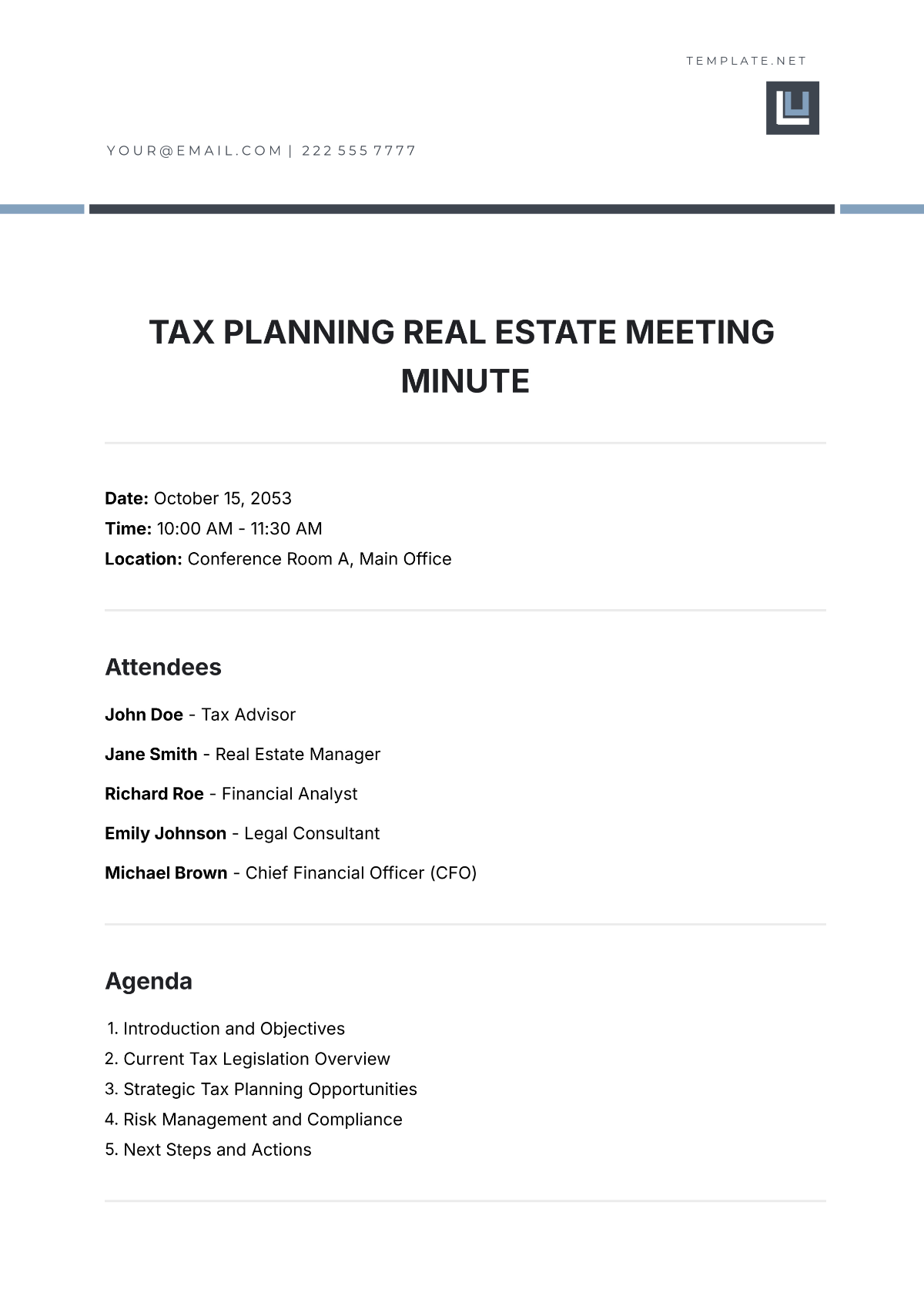 Free Tax Planning Real Estate Meeting Minute Template