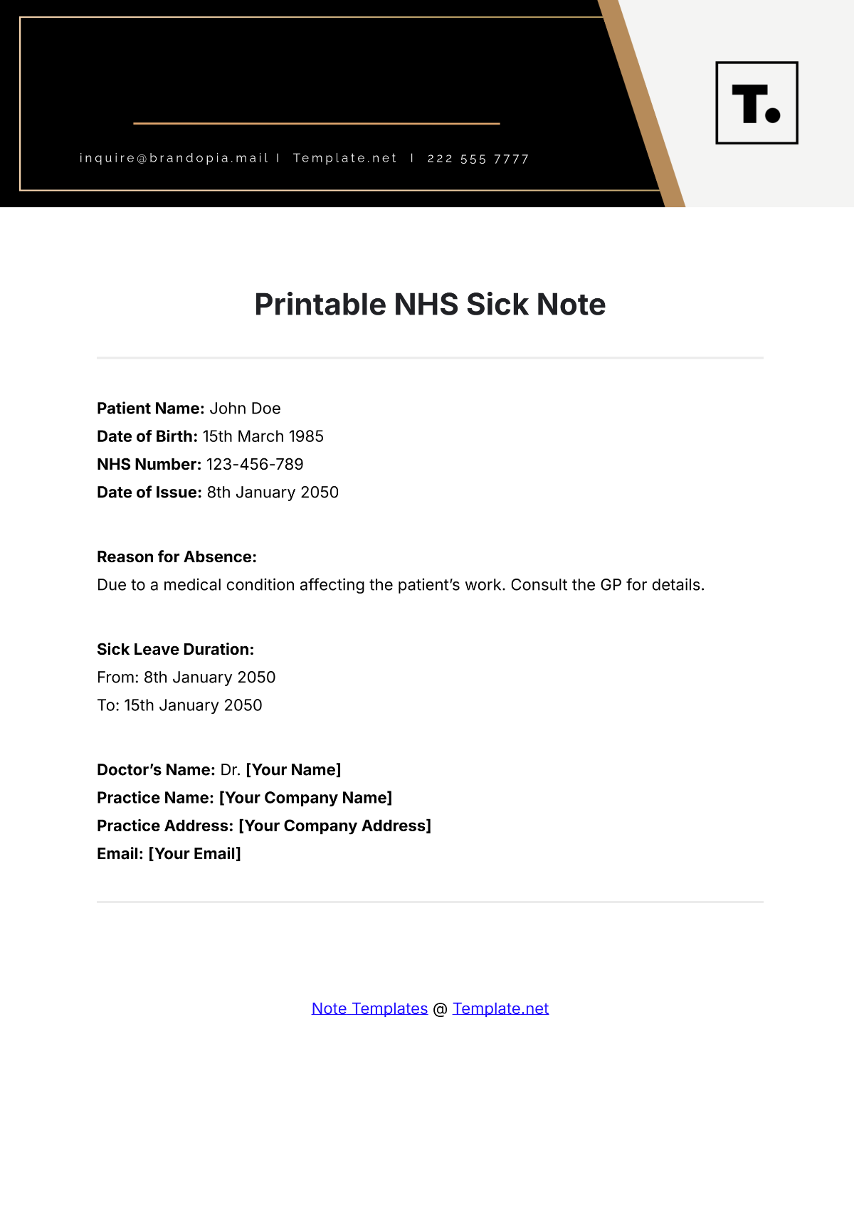 Free Printable NHS Sick Note Template