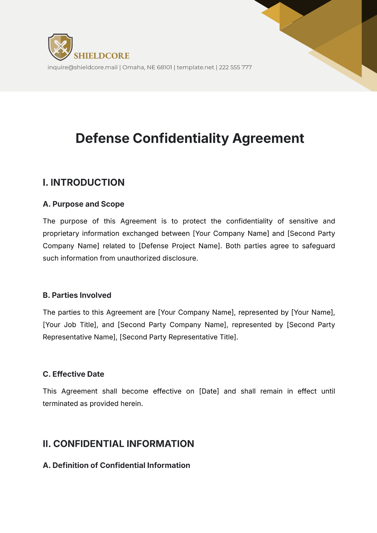 Free Defense Confidentiality Agreement Template