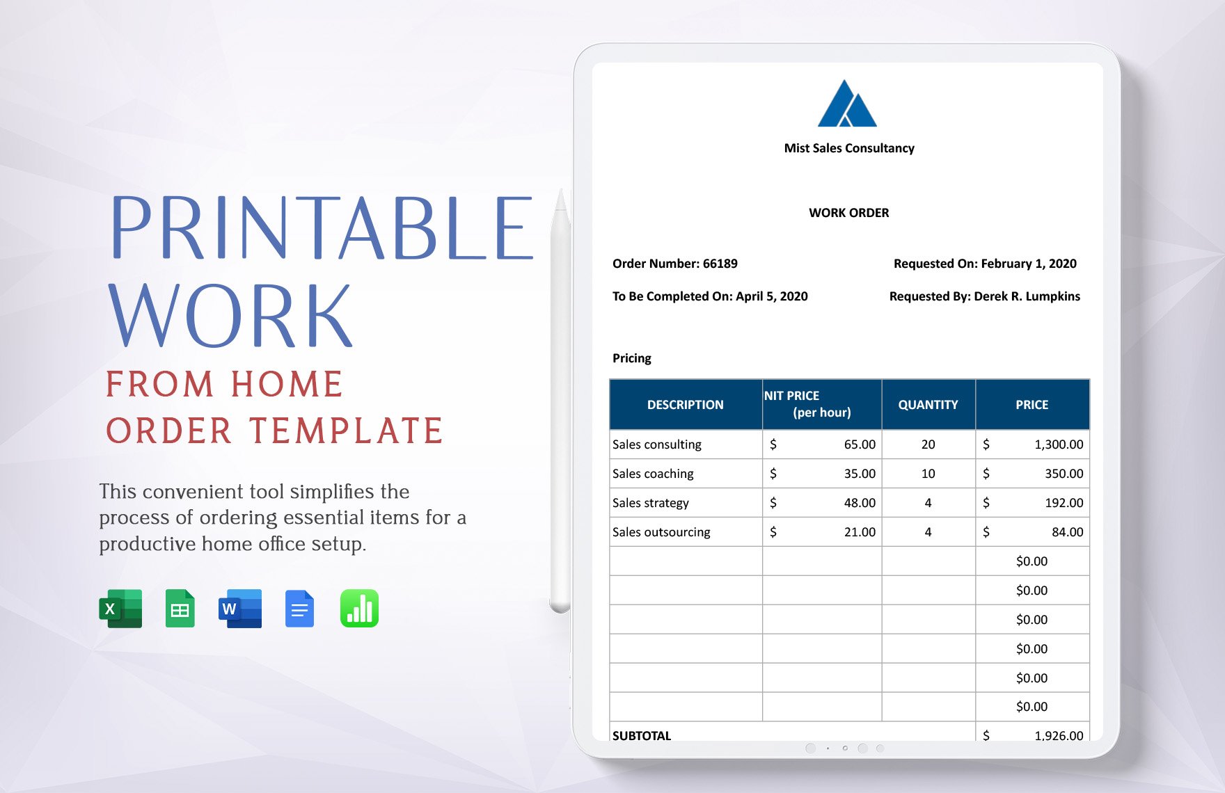Printable Work From Home Order Template in Word, Excel, Google Sheets, Apple Numbers