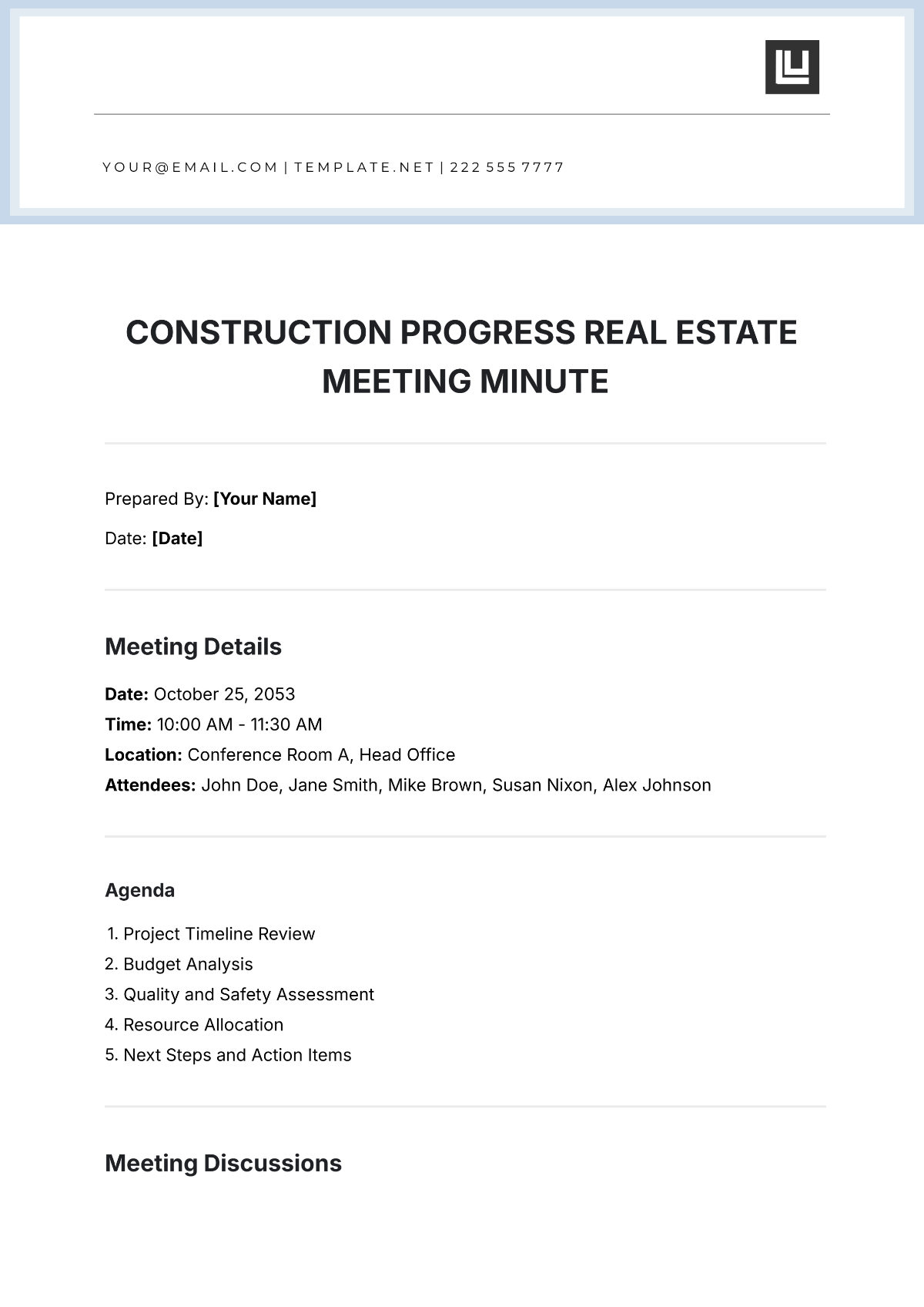 Free Construction Progress Real Estate Meeting Minute Template