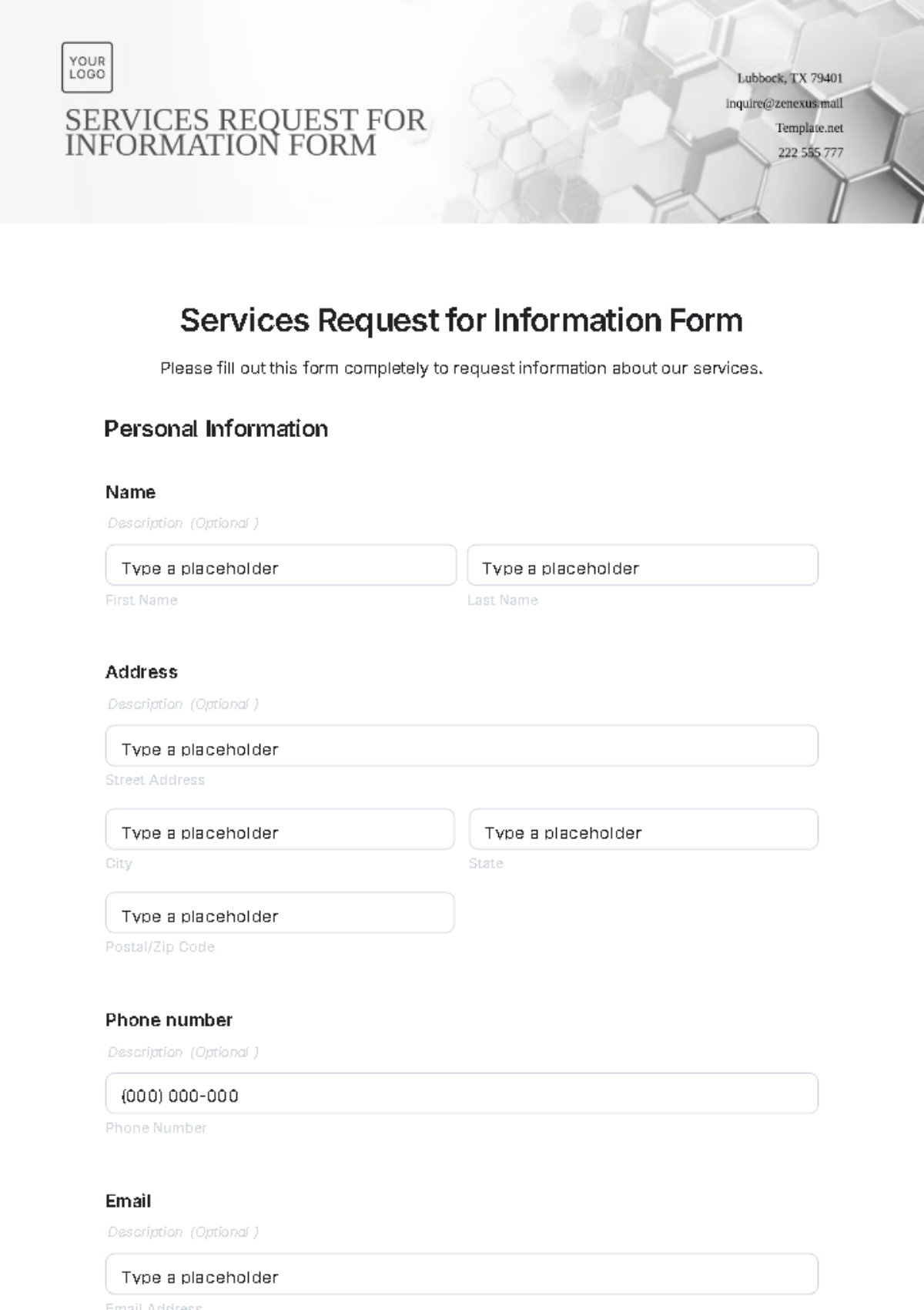 Free Services Request for Information Form Template