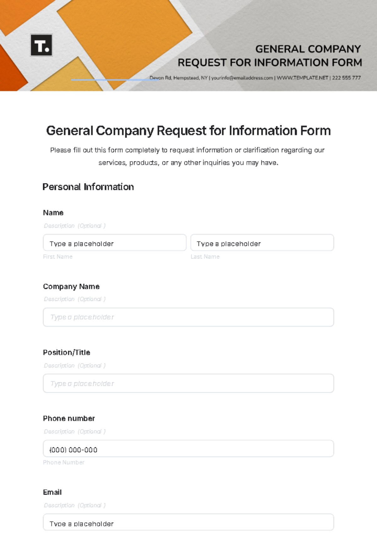 Free General Company Request for Information Form Template