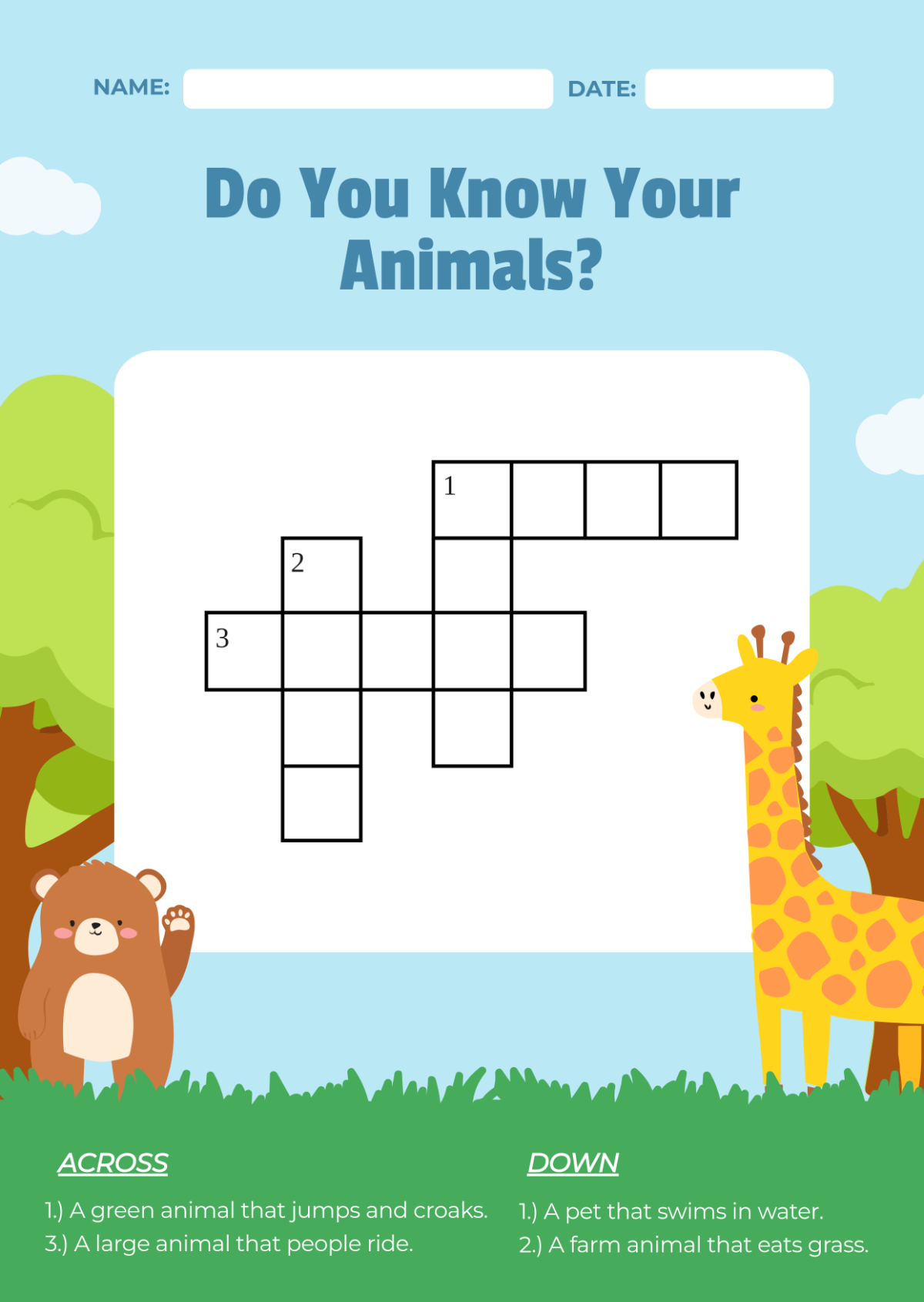 Free Mini Crossword Puzzle for Kids Template